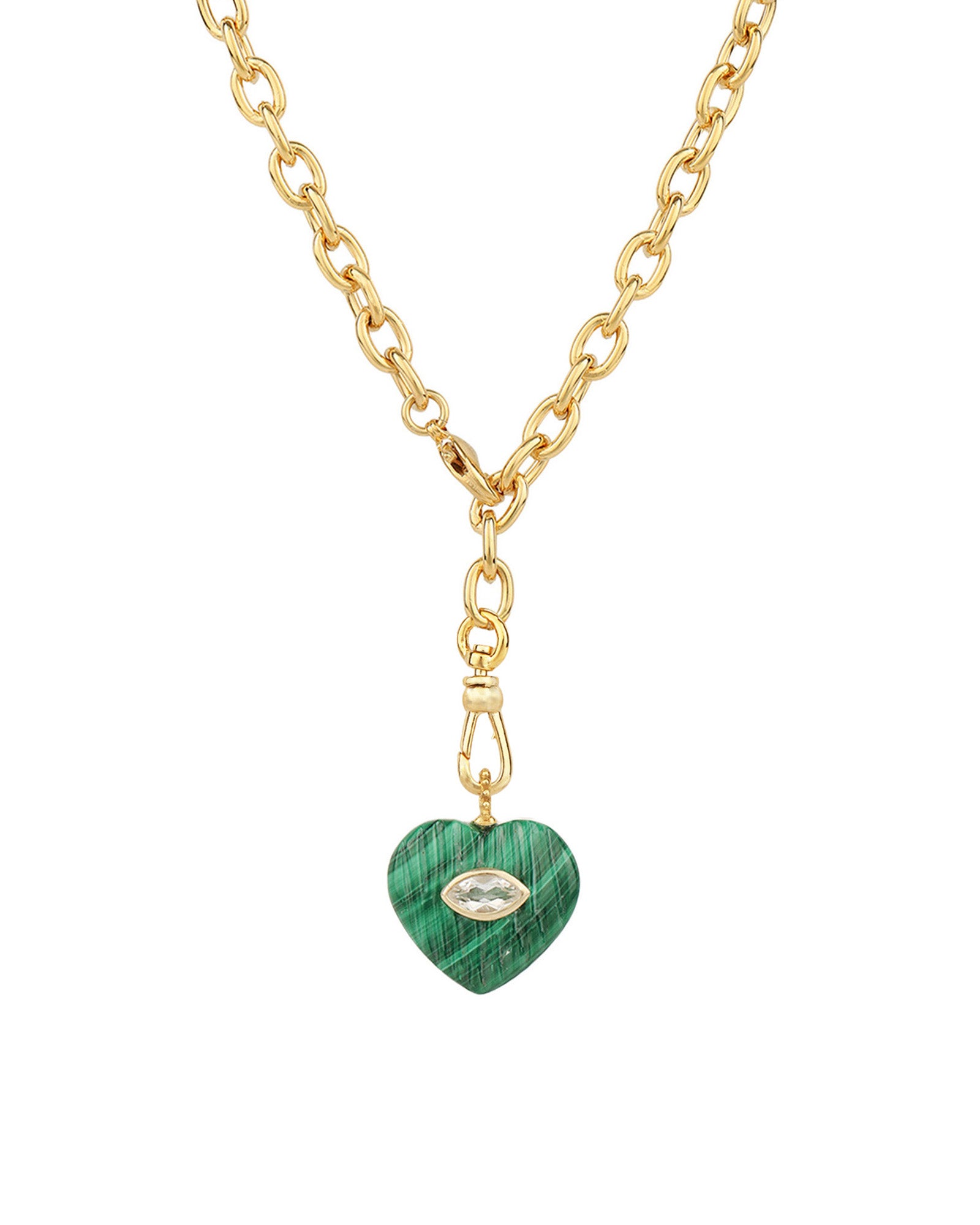 Carved Malachite & White Topaz Heart Y Necklace 14k Gold Plated, Malachite, White Topaz