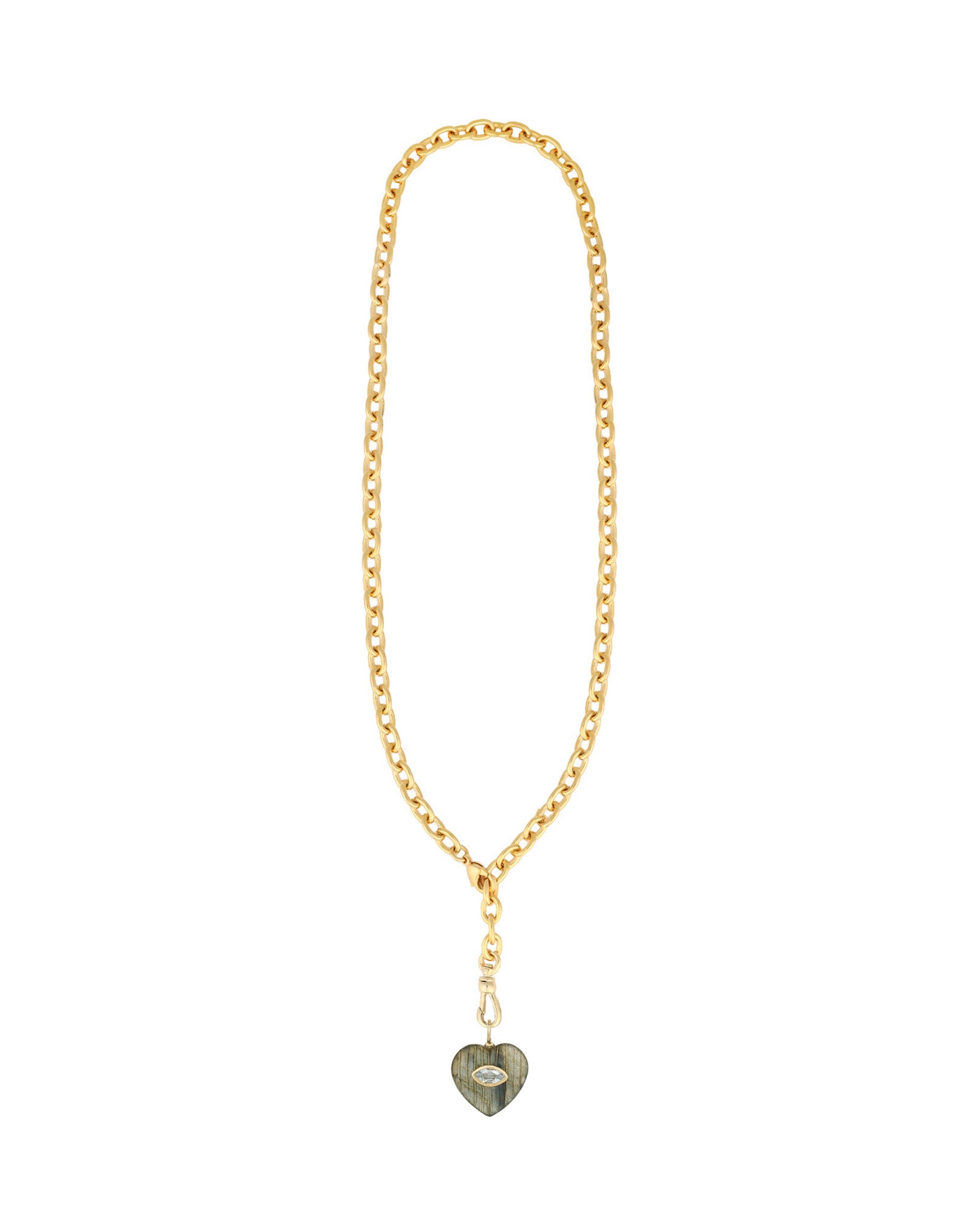 Carved Labradorite & Blue Topaz Heart Y Necklace 14k Gold Plated, Labradorite, Blue Topaz