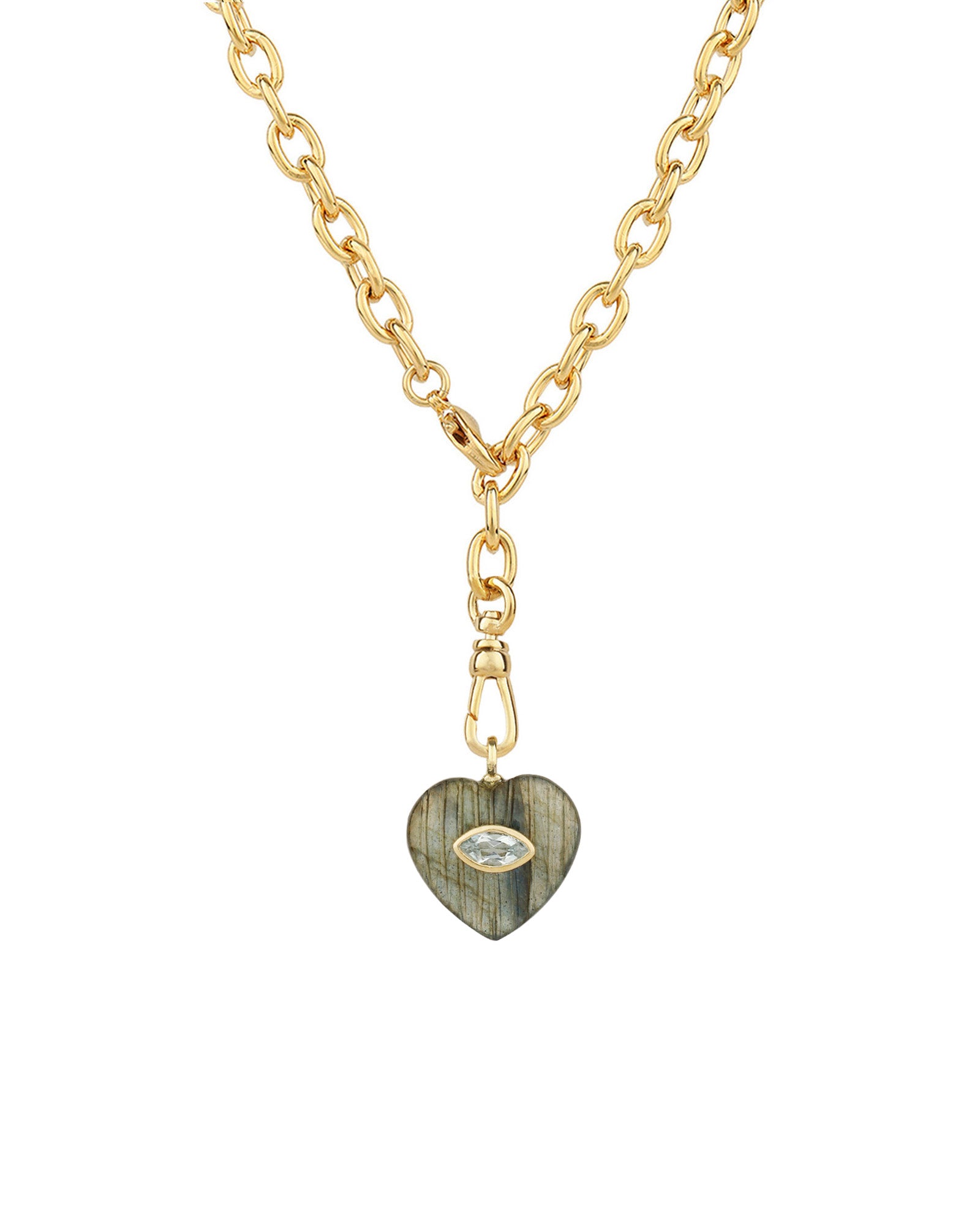 Carved Labradorite & Blue Topaz Heart Y Necklace 14k Gold Plated, Labradorite, Blue Topaz