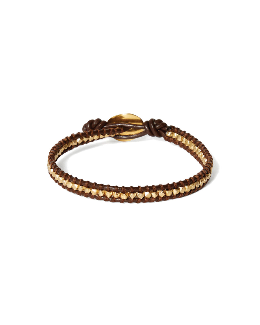 1 Wrap Leather Nugget Bracelet 18k Gold Vermeil, Brown Leather