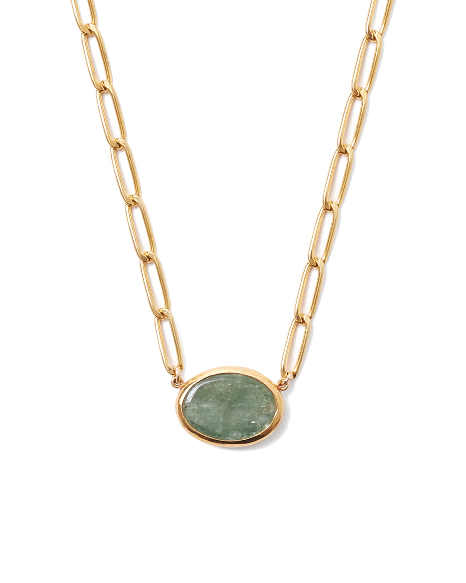 Oval Green Kyanite Bezel Paperclip Necklace 18k Gold Vermeil, Green Kyanite