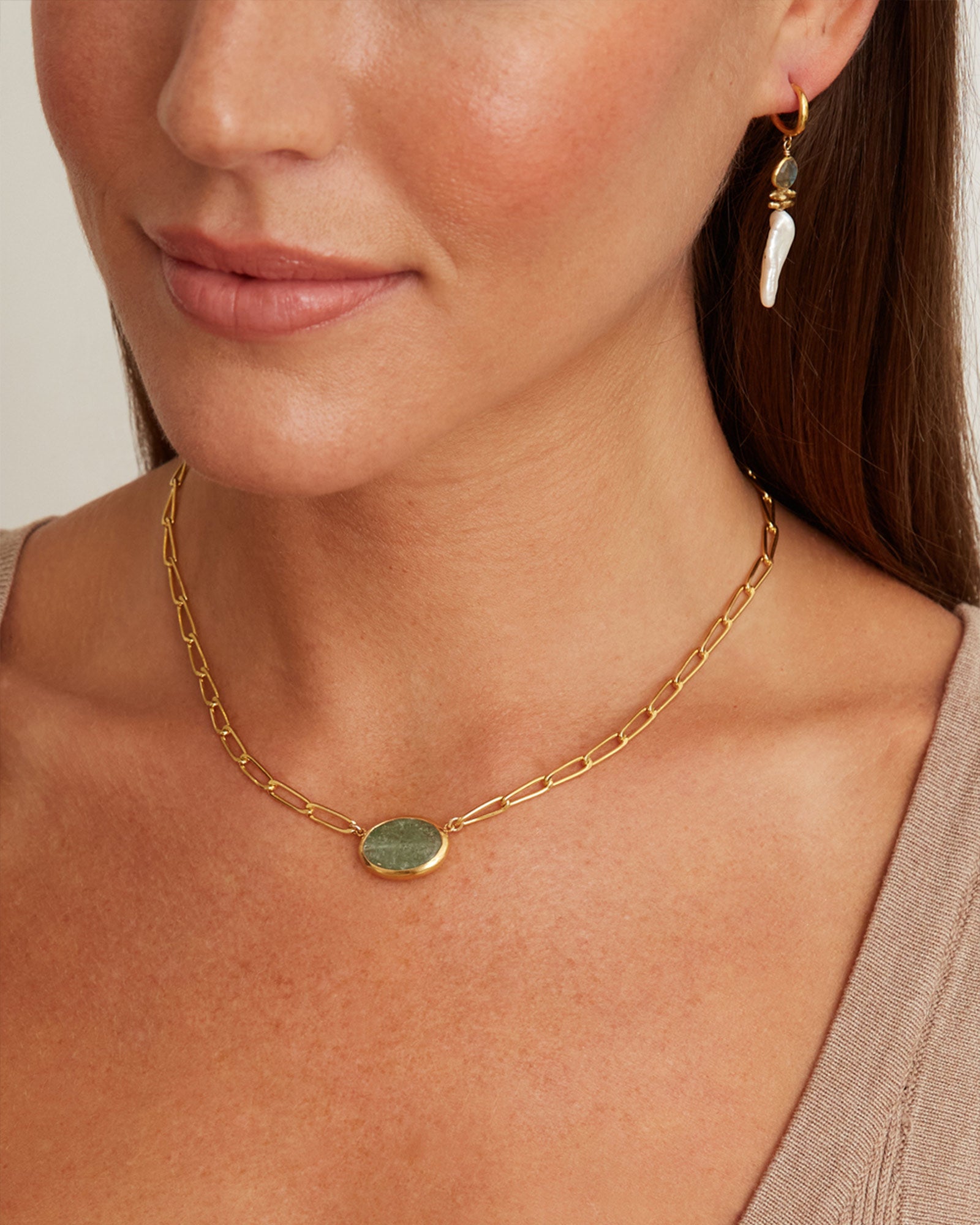Oval Green Kyanite Bezel Paperclip Necklace 18k Gold Vermeil, Green Kyanite