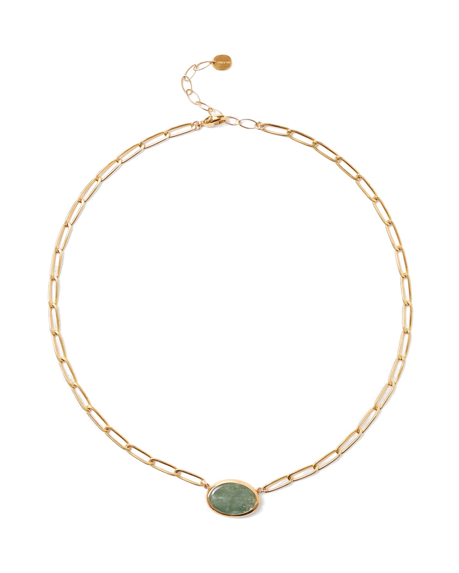 Oval Green Kyanite Bezel Paperclip Necklace 18k Gold Vermeil, Green Kyanite