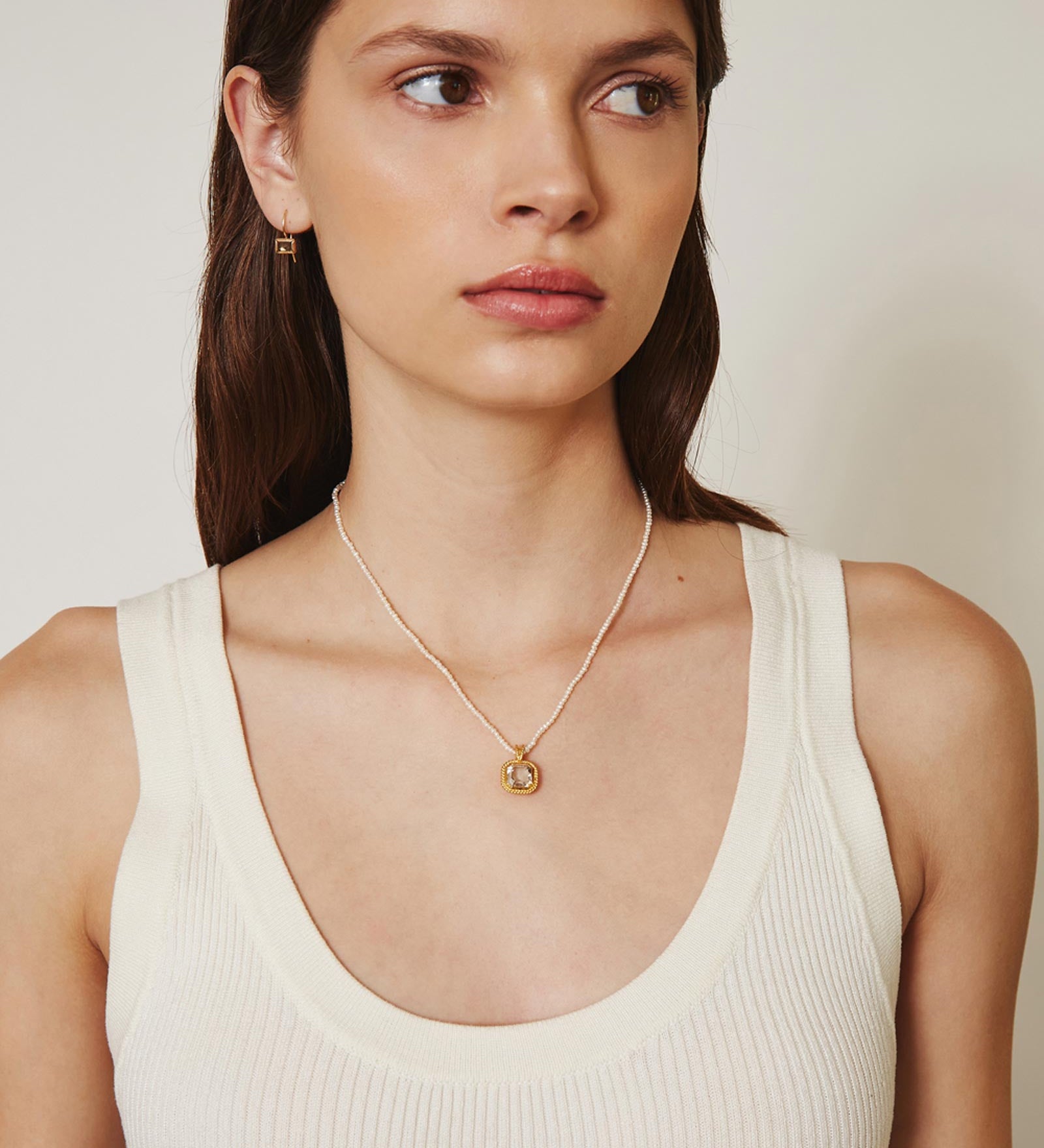 Chan Luu-Square Crystal Pearl Necklace-Pendant Necklaces-18k Gold Vermeil, White Pearl-Blue Ruby Jewellery-Vancouver Canada