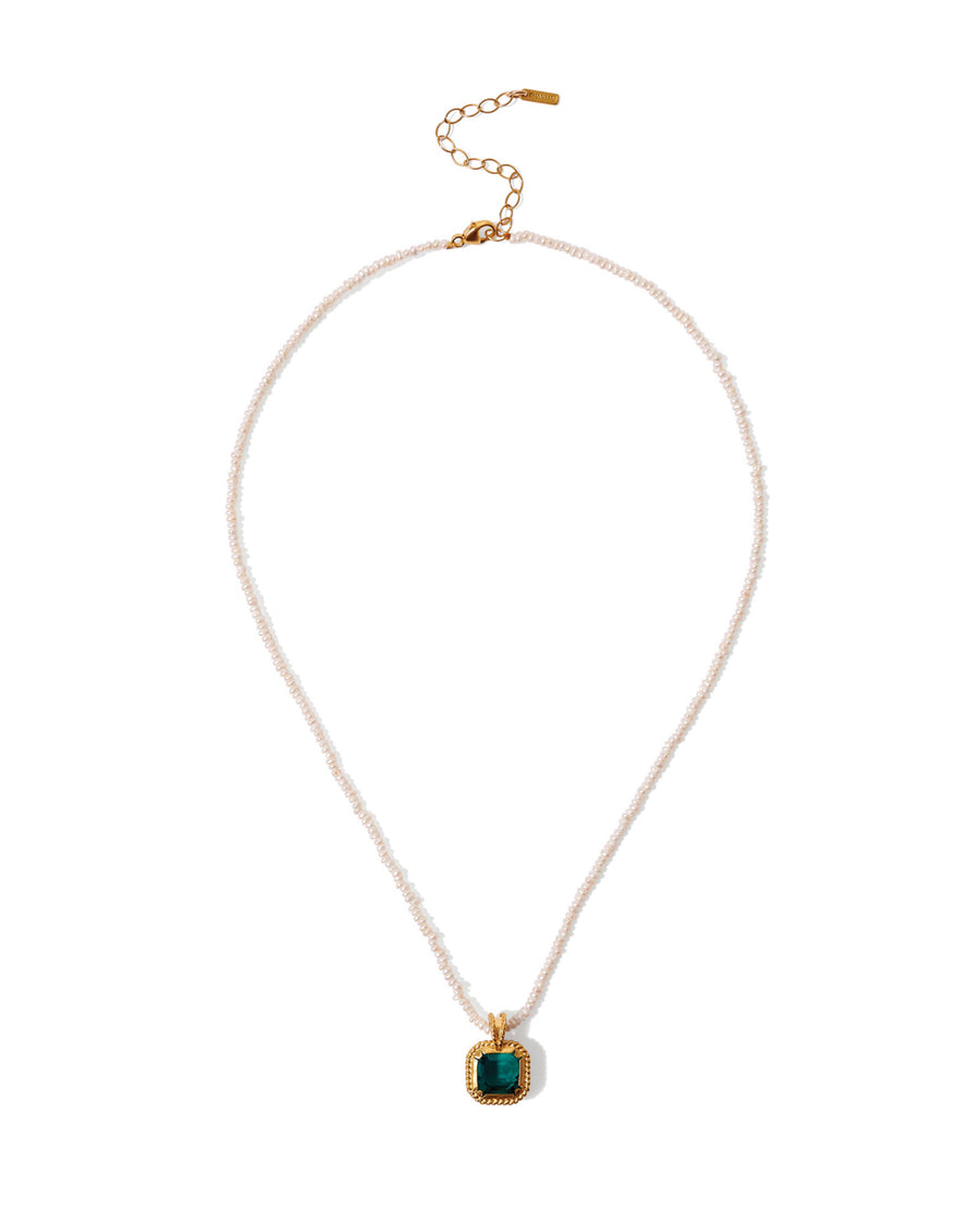 Square Emerald Pearl Necklace 18k Gold Vermeil, Emerald Crystal