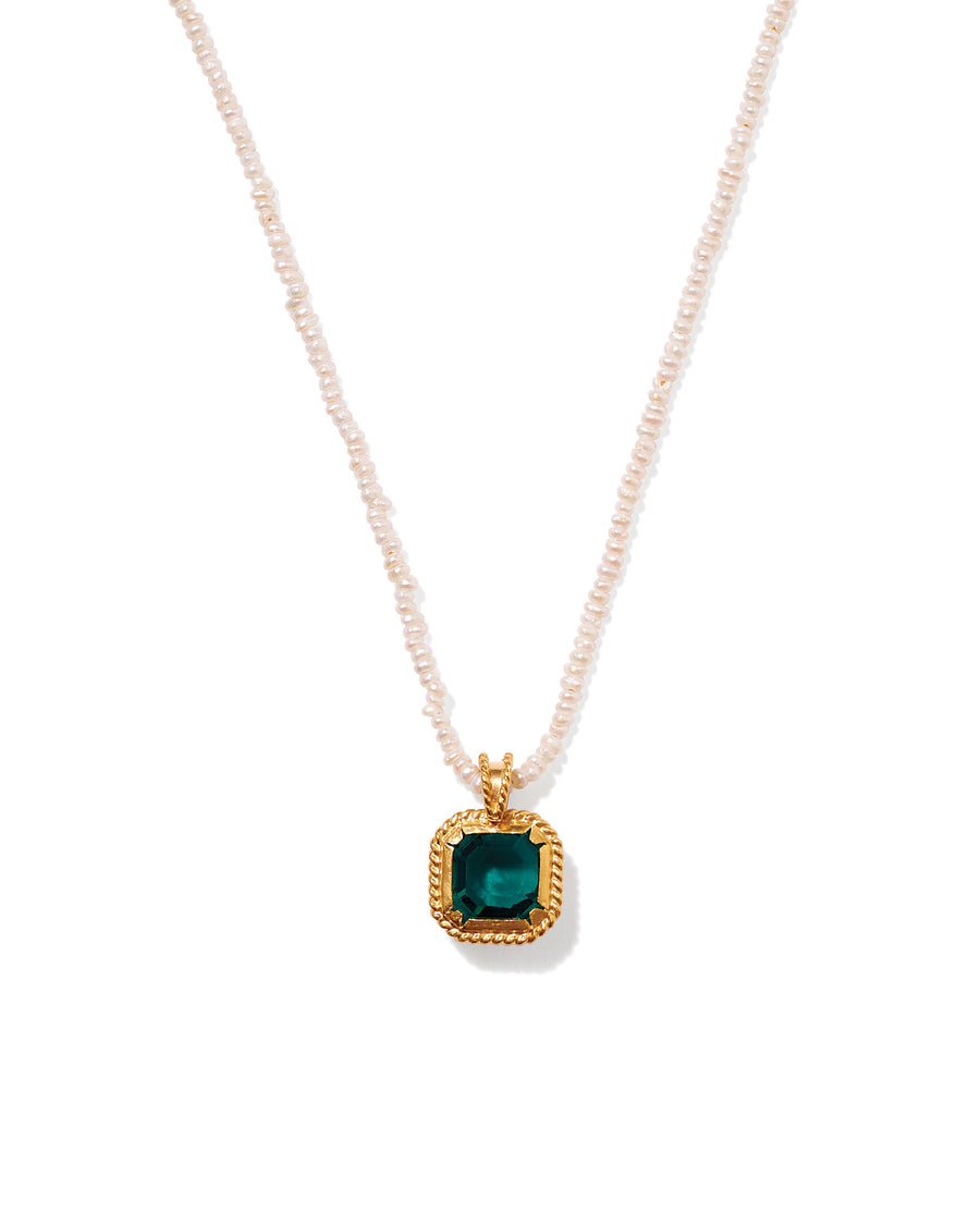 Square Emerald Pearl Necklace 18k Gold Vermeil, Emerald Crystal