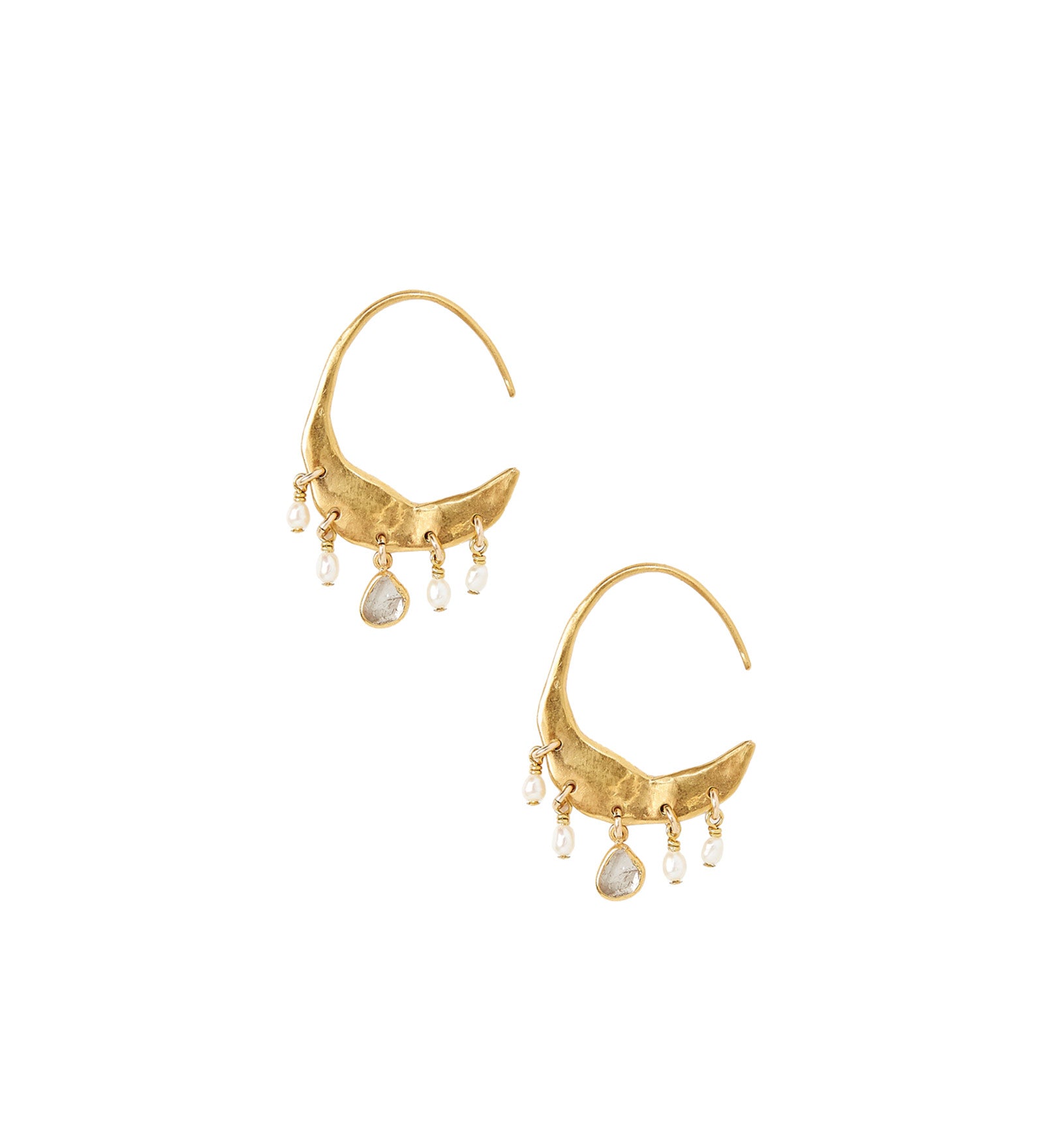 Stone Crescent Moon Hoop Earrings 18k Gold Vermeil, Diamond
