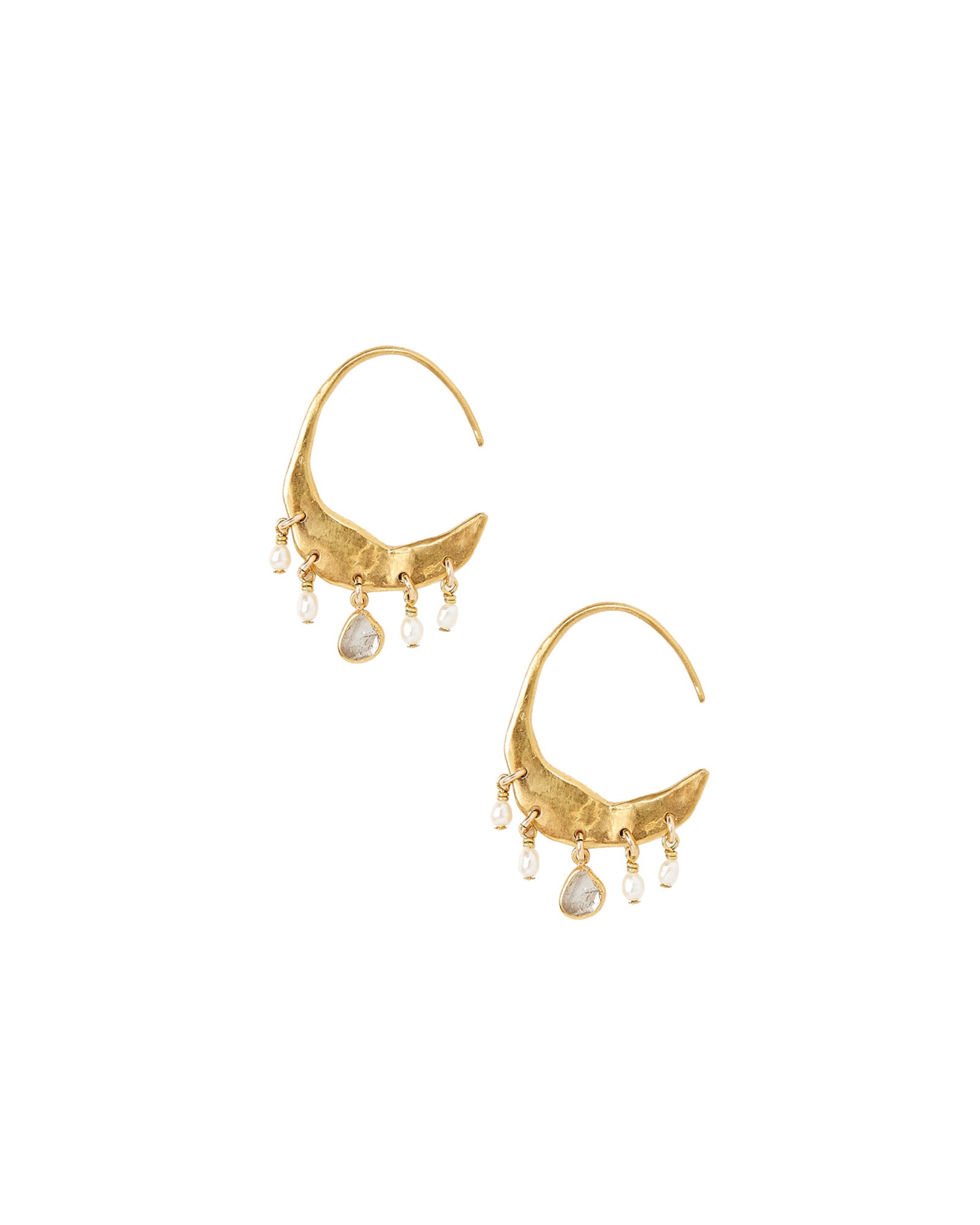 Stone Crescent Moon Hoop Earrings 18k Gold Vermeil, Diamond