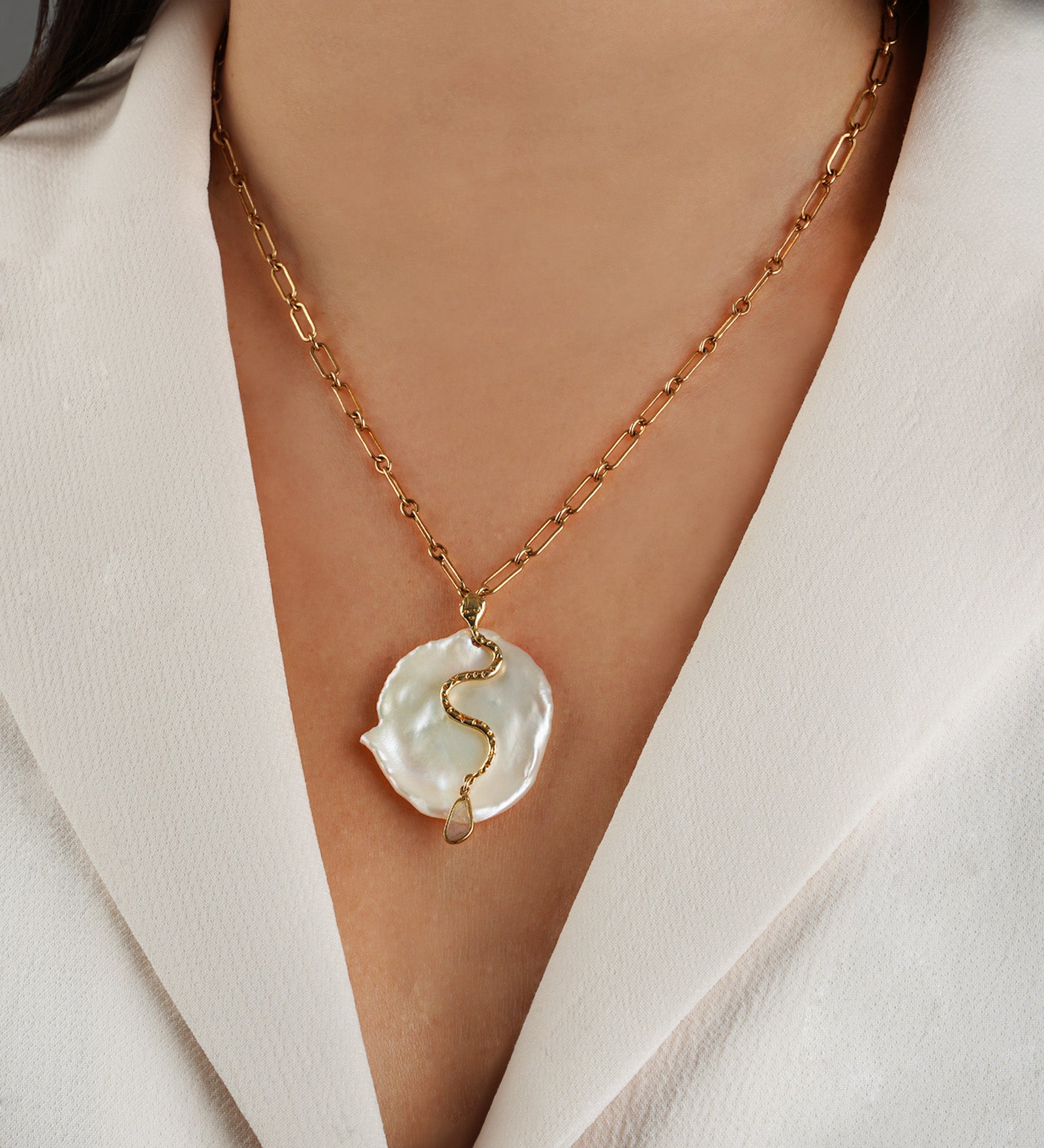 Chan Luu-Snake Pearl Coin Diamond Necklace-Necklaces-Blue Ruby Jewellery-Vancouver Canada