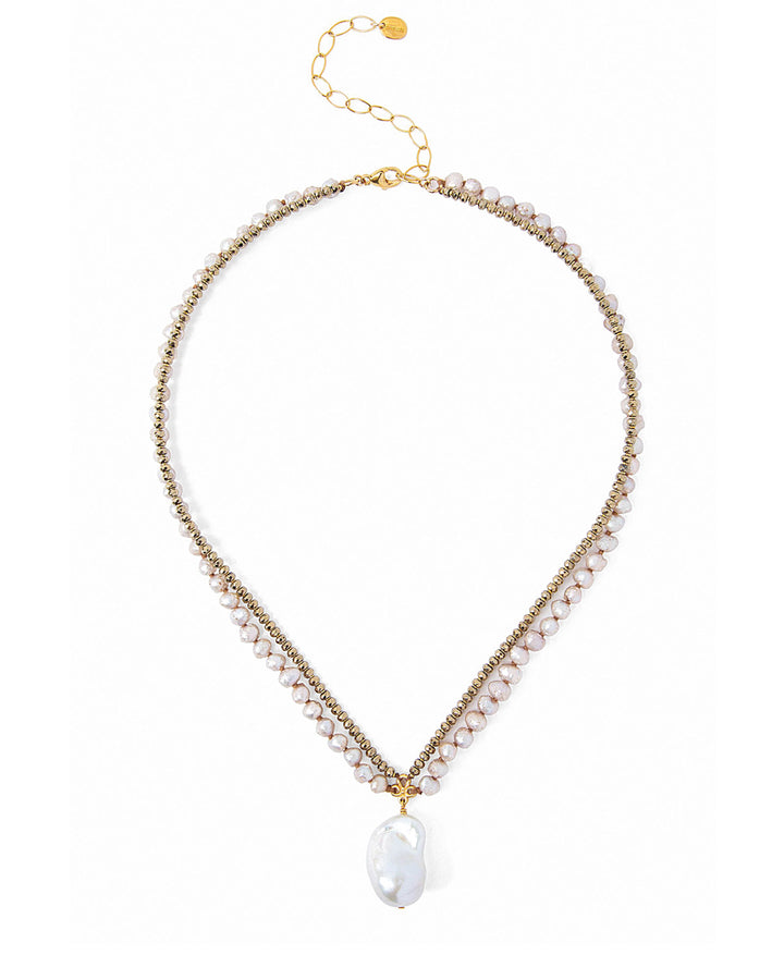 2 Row Stone + Pearl Drop Necklace 18k Gold Vermeil, White Pearl