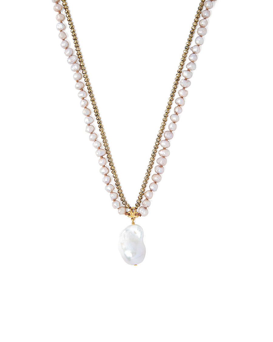 2 Row Stone + Pearl Drop Necklace 18k Gold Vermeil, White Pearl