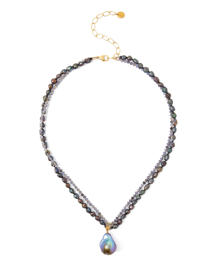 2 Row Stone + Pearl Drop Necklace 18k Gold Vermeil, Iolite
