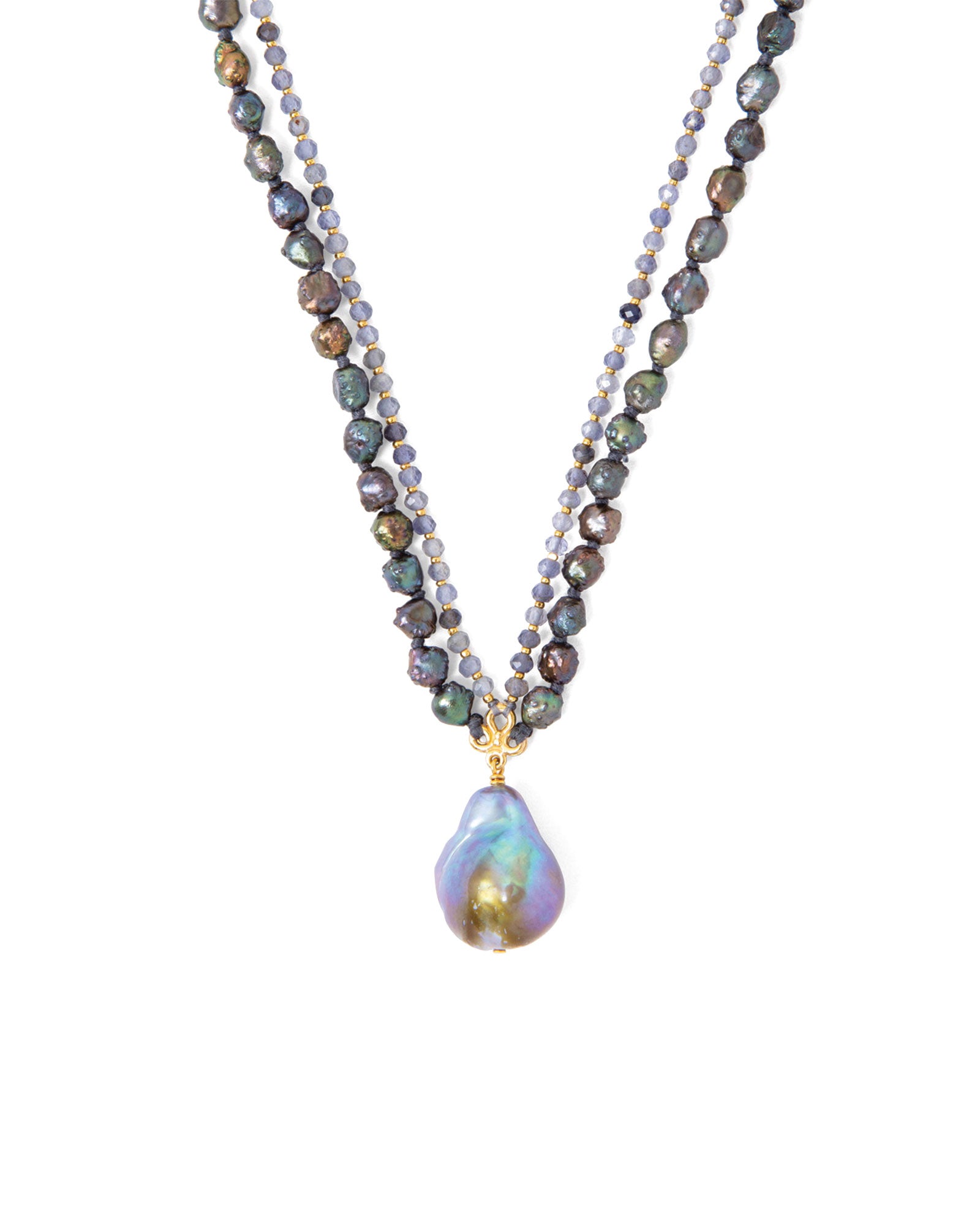 2 Row Stone + Pearl Drop Necklace 18k Gold Vermeil, Iolite