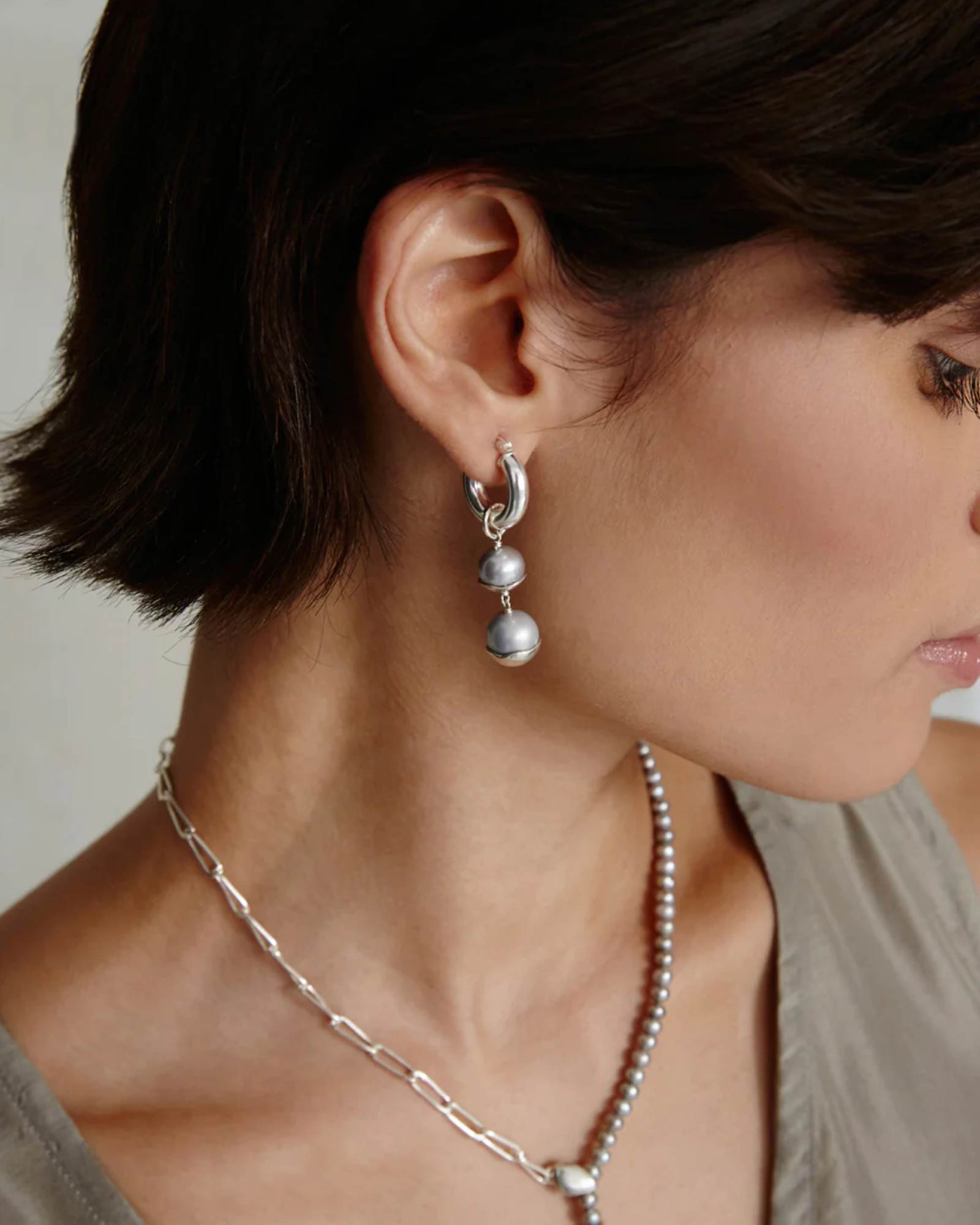 Silver Dipped Tiered Hoop Earrings Sterling Silver, Grey Pearl