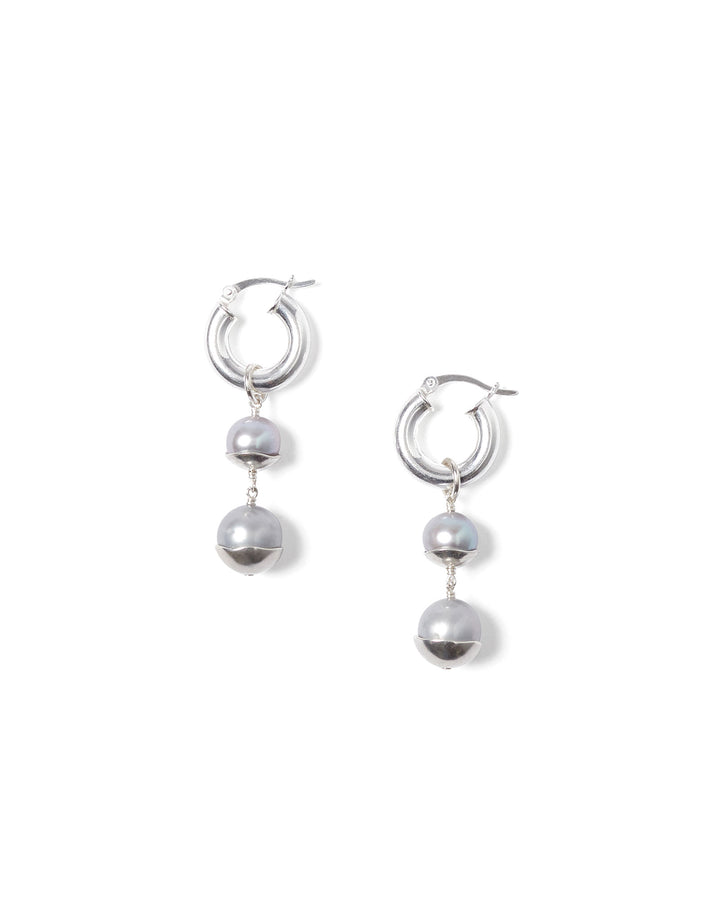Silver Dipped Tiered Hoop Earrings Sterling Silver, Grey Pearl