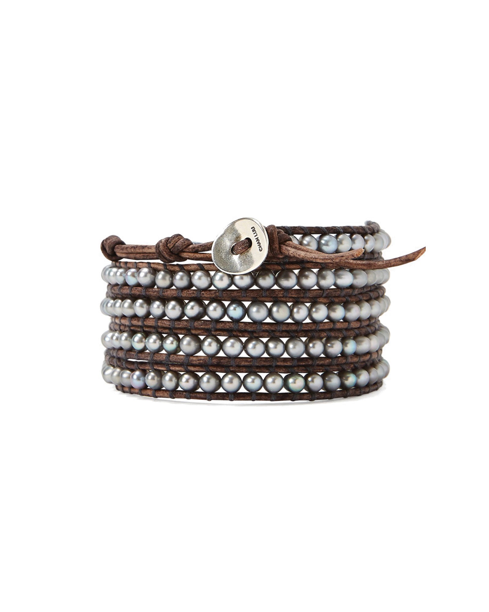 5 Wrap Grey Pearl Leather Bracelet Sterling Silver, Grey Pearl