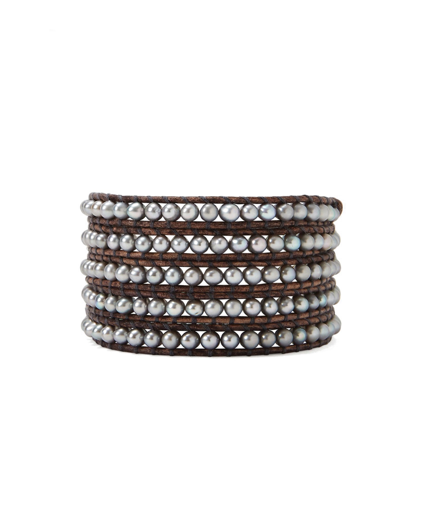 5 Wrap Grey Pearl Leather Bracelet Sterling Silver, Grey Pearl