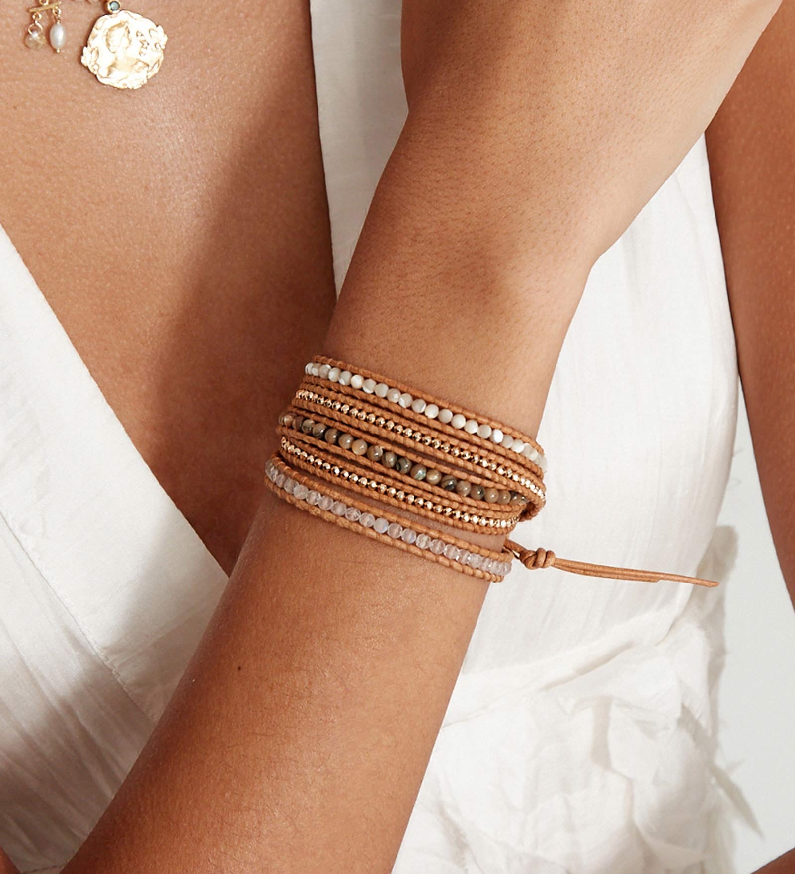 Chan Luu-Santi Wrap Bracelet-Bracelets-18k Gold Vermeil, Mother of Pearl, Moonstone-Blue Ruby Jewellery-Vancouver Canada