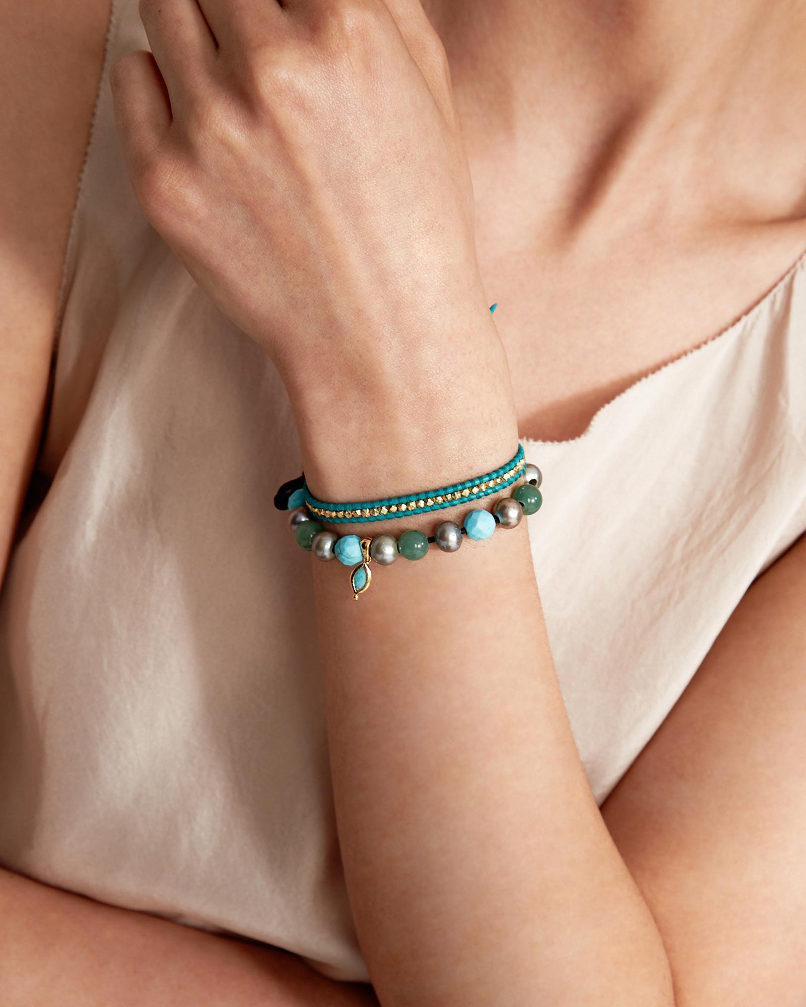 Mix Round Stone Leather Bracelet 18k Gold Vermeil, Turquoise