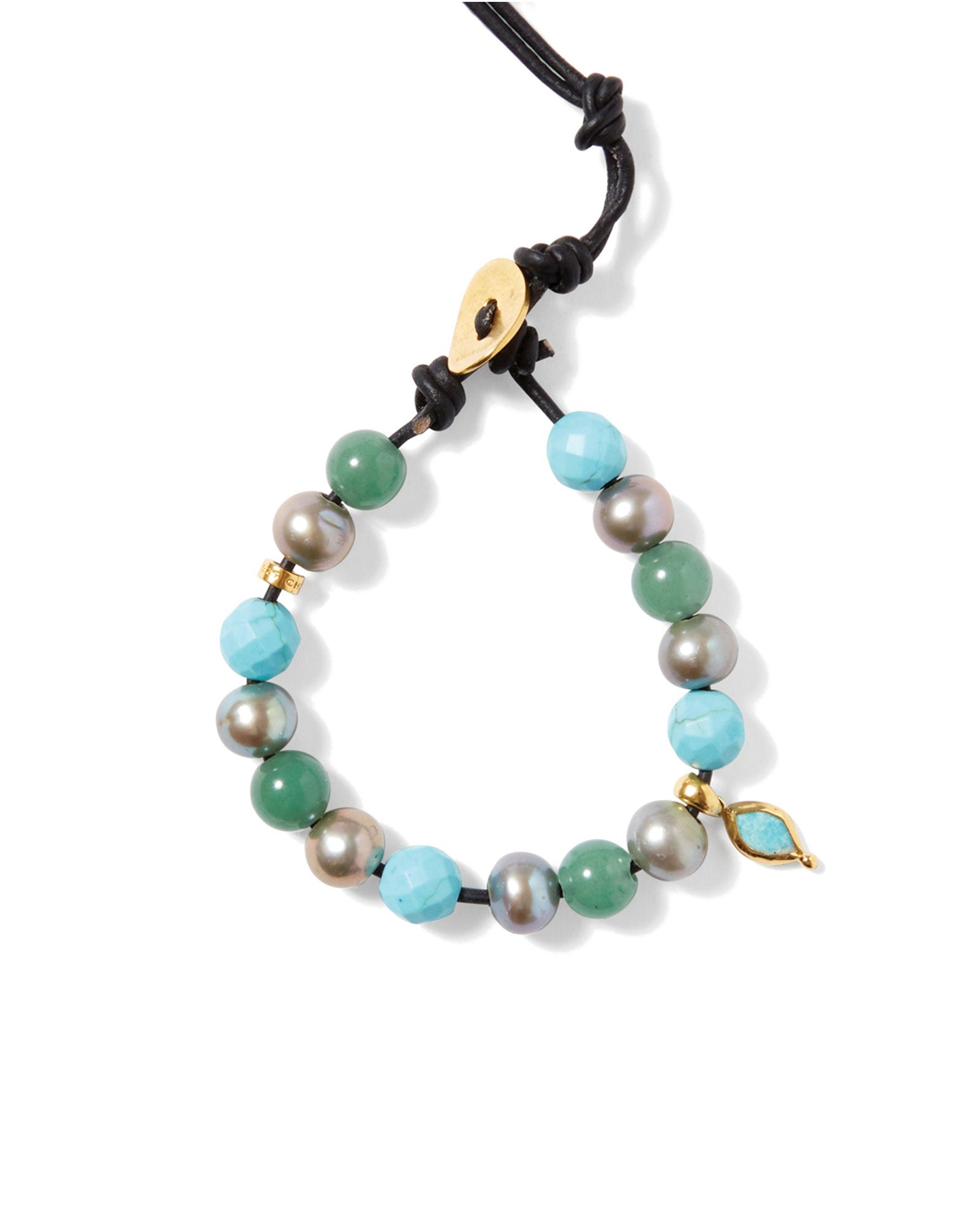 Mix Round Stone Leather Bracelet 18k Gold Vermeil, Turquoise