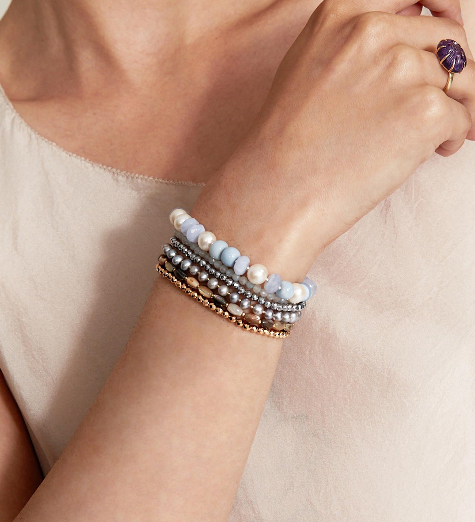 5 Wrap Mix Stone Bracelet 18k Gold Vermeil, Abalone