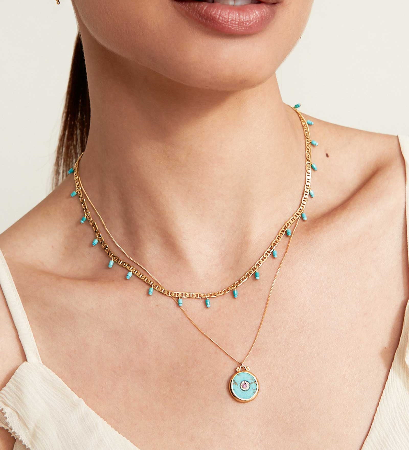 Turquoise Drop Figaro Chain Necklace 18k Gold Vermeil, Turquoise