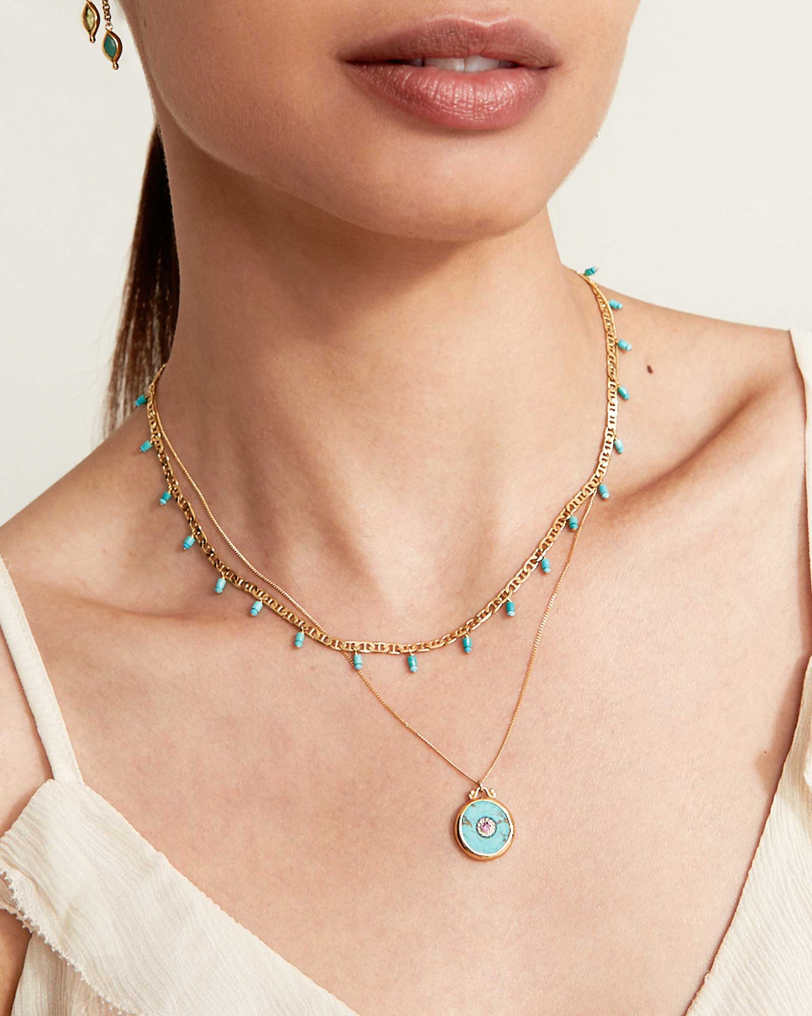Turquoise Drop Figaro Chain Necklace 18k Gold Vermeil, Turquoise