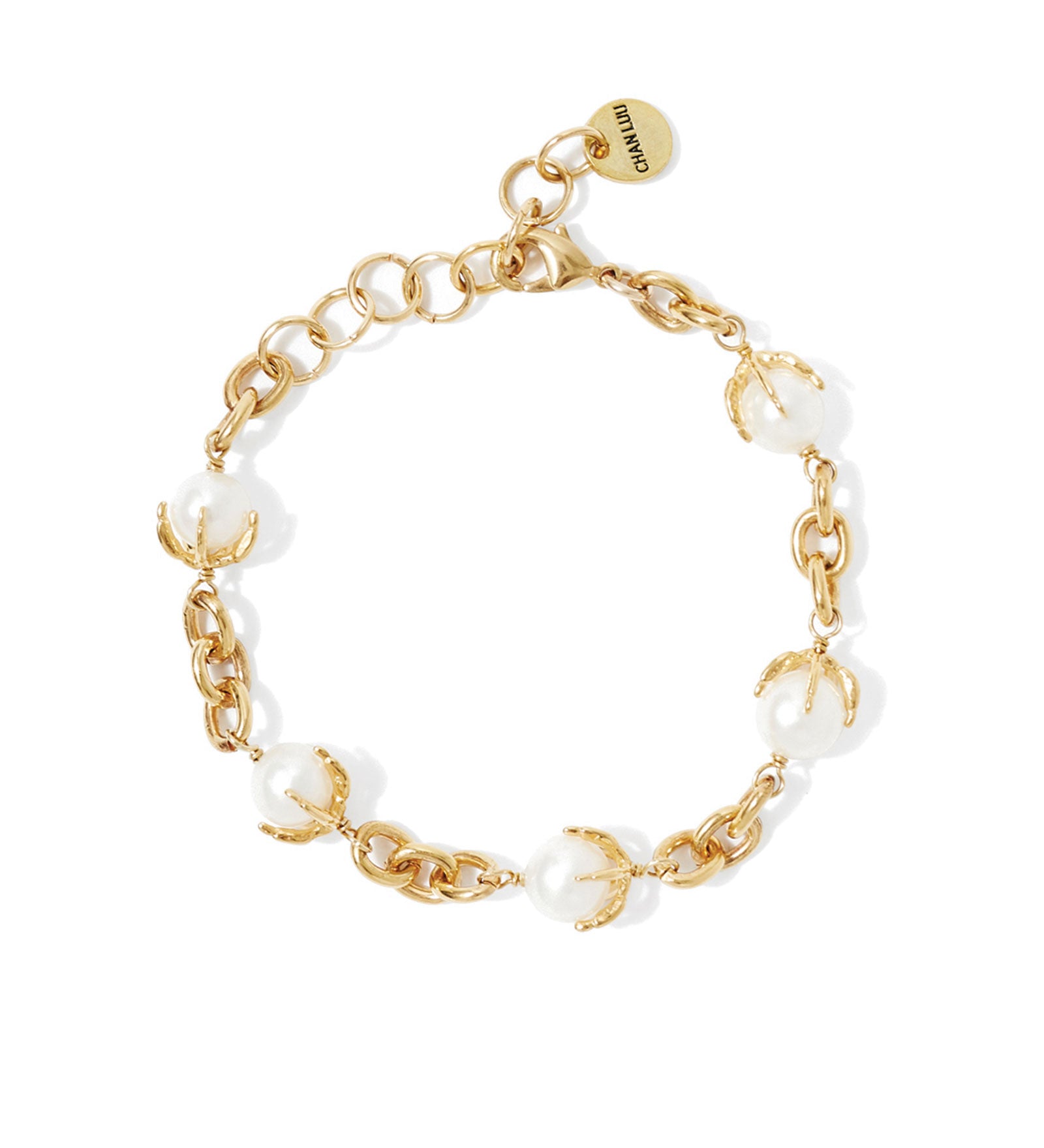 5 Claw Pearl Link Bracelet 18k Gold Plated, White Pearl