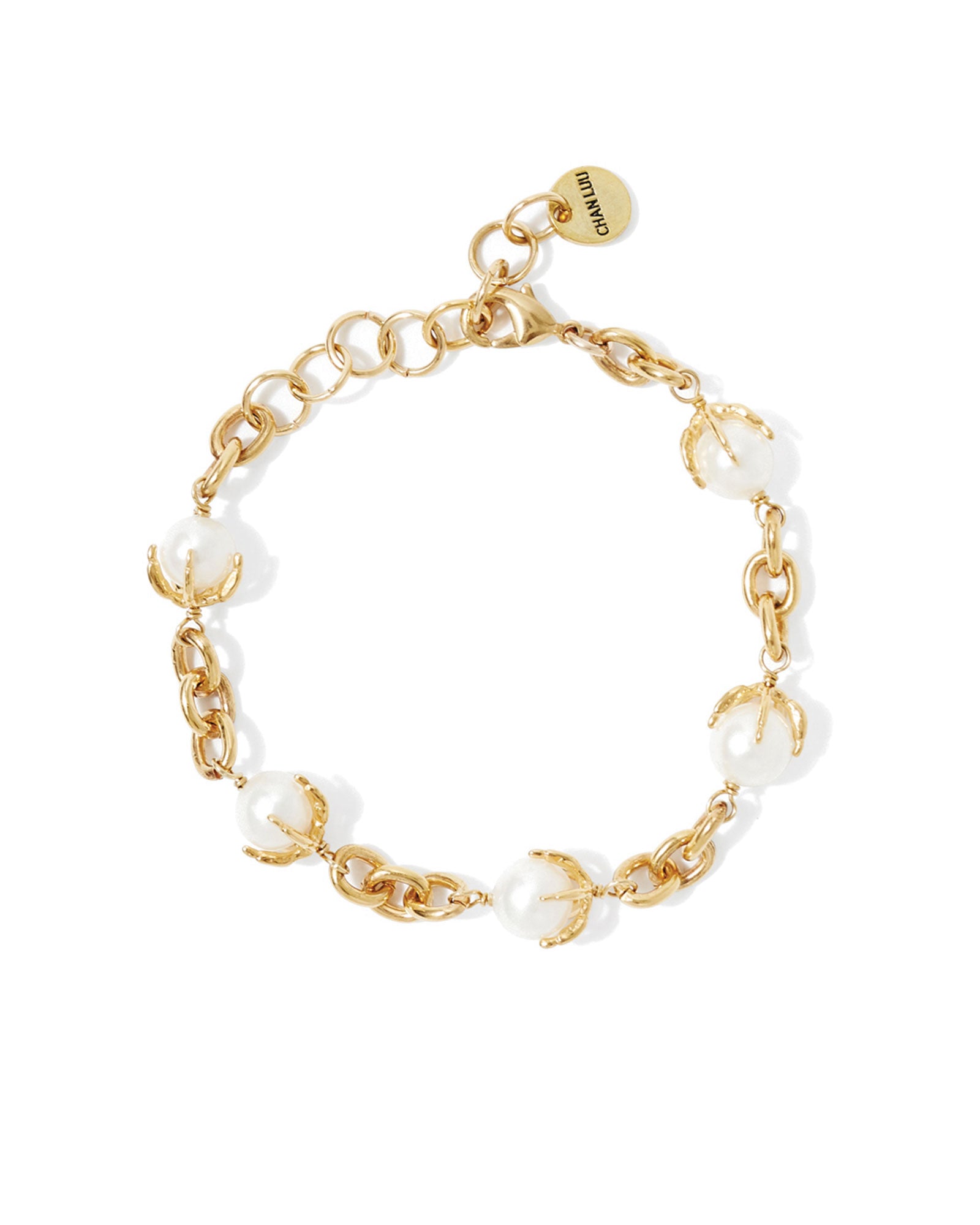 5 Claw Pearl Link Bracelet 18k Gold Plated, White Pearl