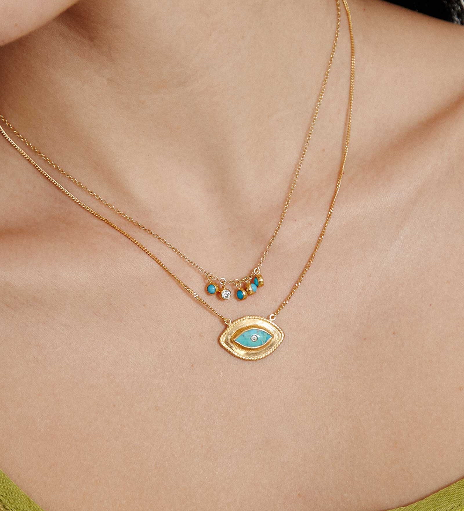 Bezel Stone Evil Eye Diamond Necklace 18k Gold Vermeil, Turquoise