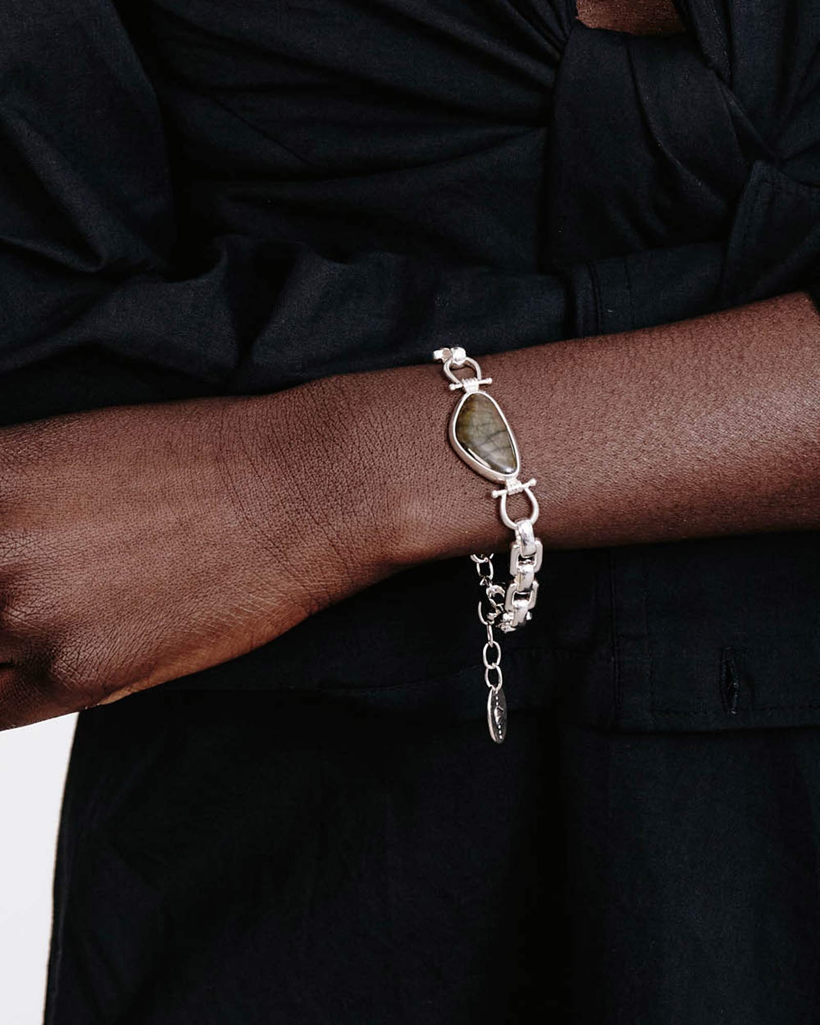 Large Link Bezel Stone Bracelet Silver Plated, Labradorite