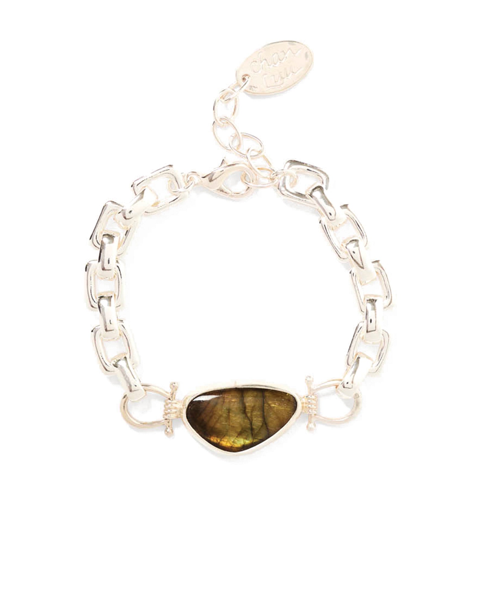 Large Link Bezel Stone Bracelet Silver Plated, Labradorite