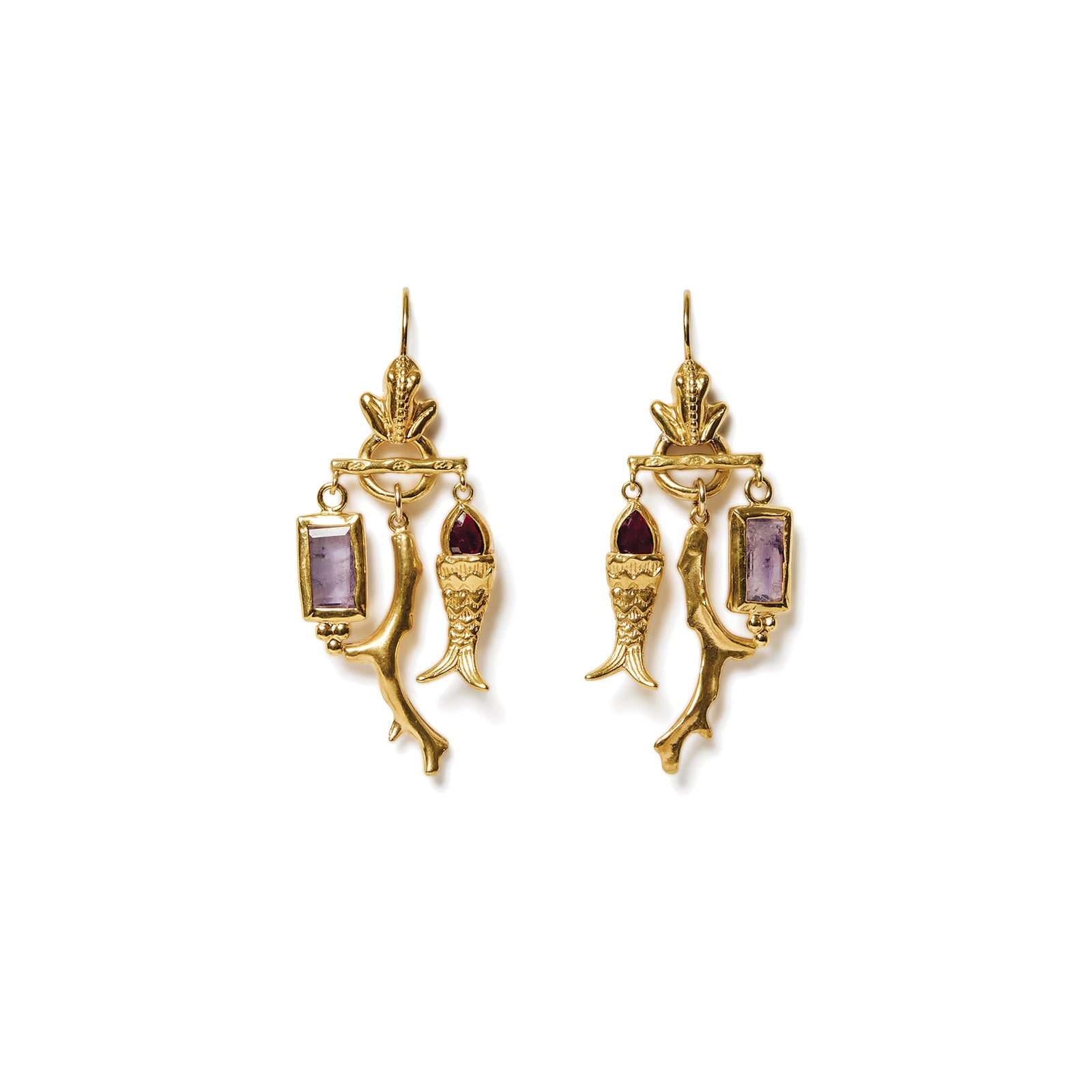 Fish Chandelier Earrings 18k Gold Vermeil, Garnet, Amethyst