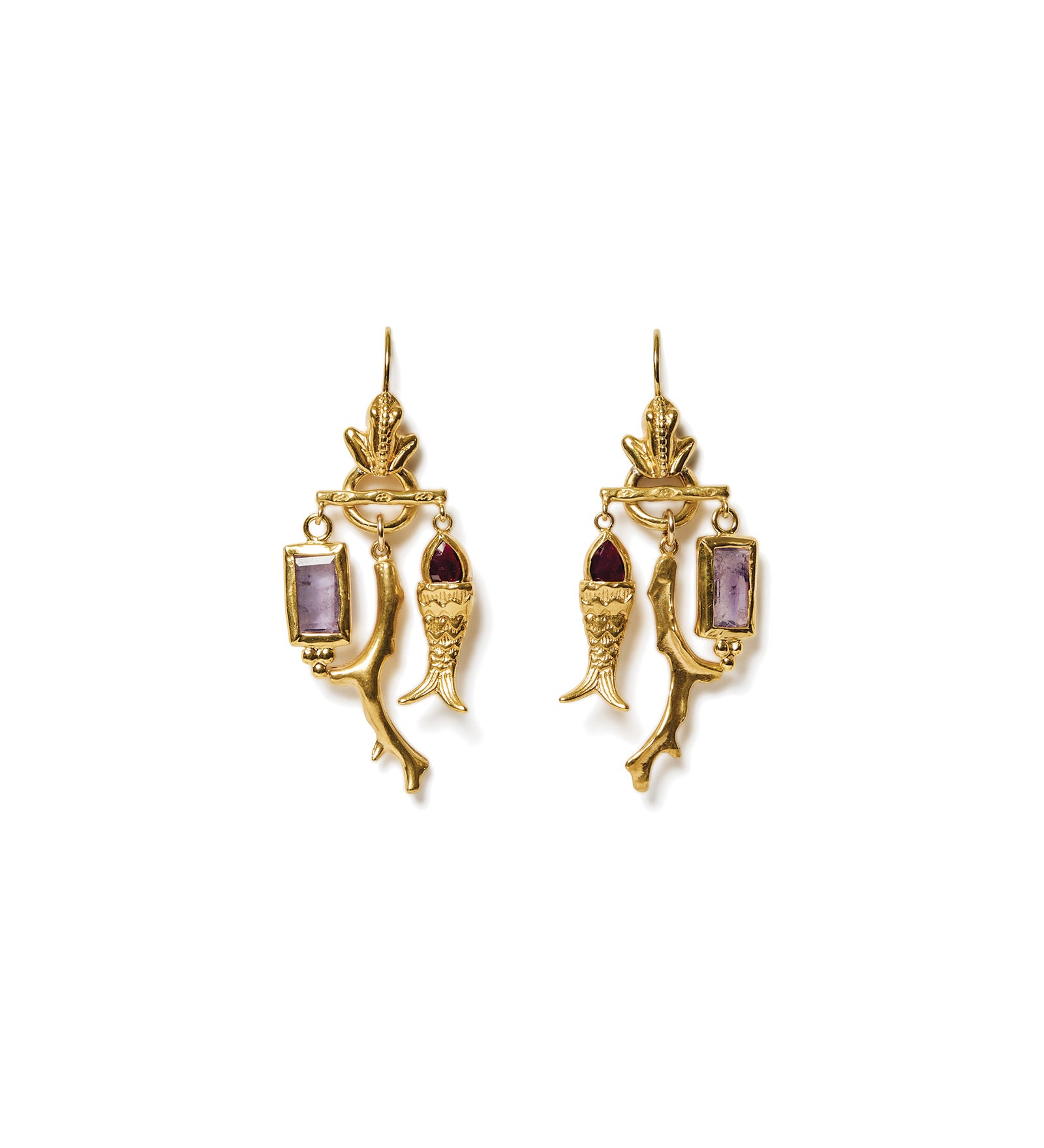 Fish Chandelier Earrings 18k Gold Vermeil, Garnet, Amethyst
