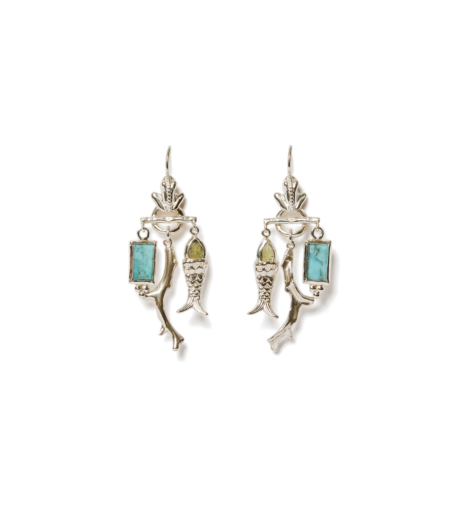 Fish Chandelier Earrings Sterling Silver, Peridot, Turquoise