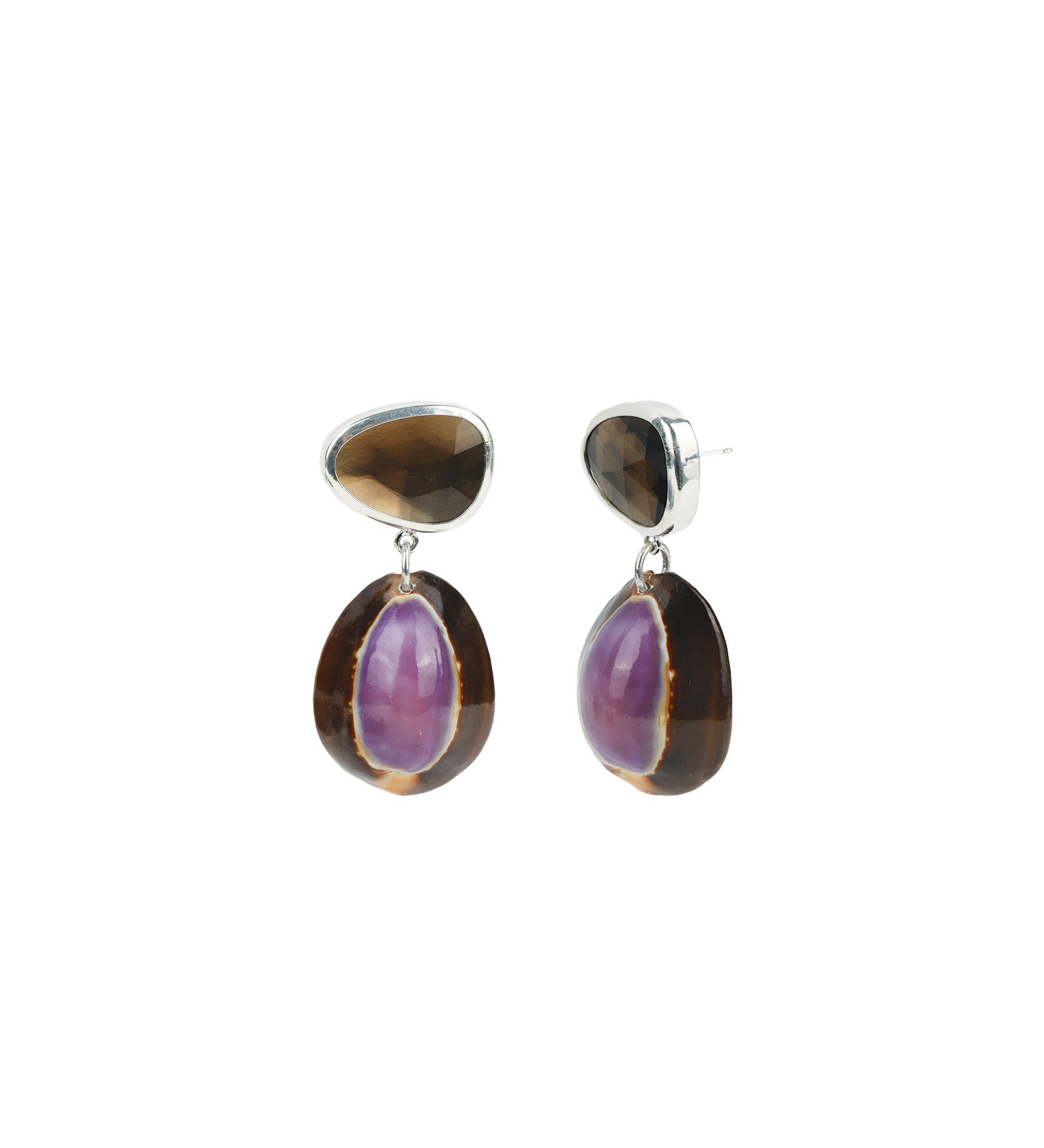 Chan Luu-Cowrie Drop Earrings Smoky Quartz-Earrings-Sterling Silver, Smoky Quartz, Shell-Blue Ruby Jewellery-Vancouver Canada