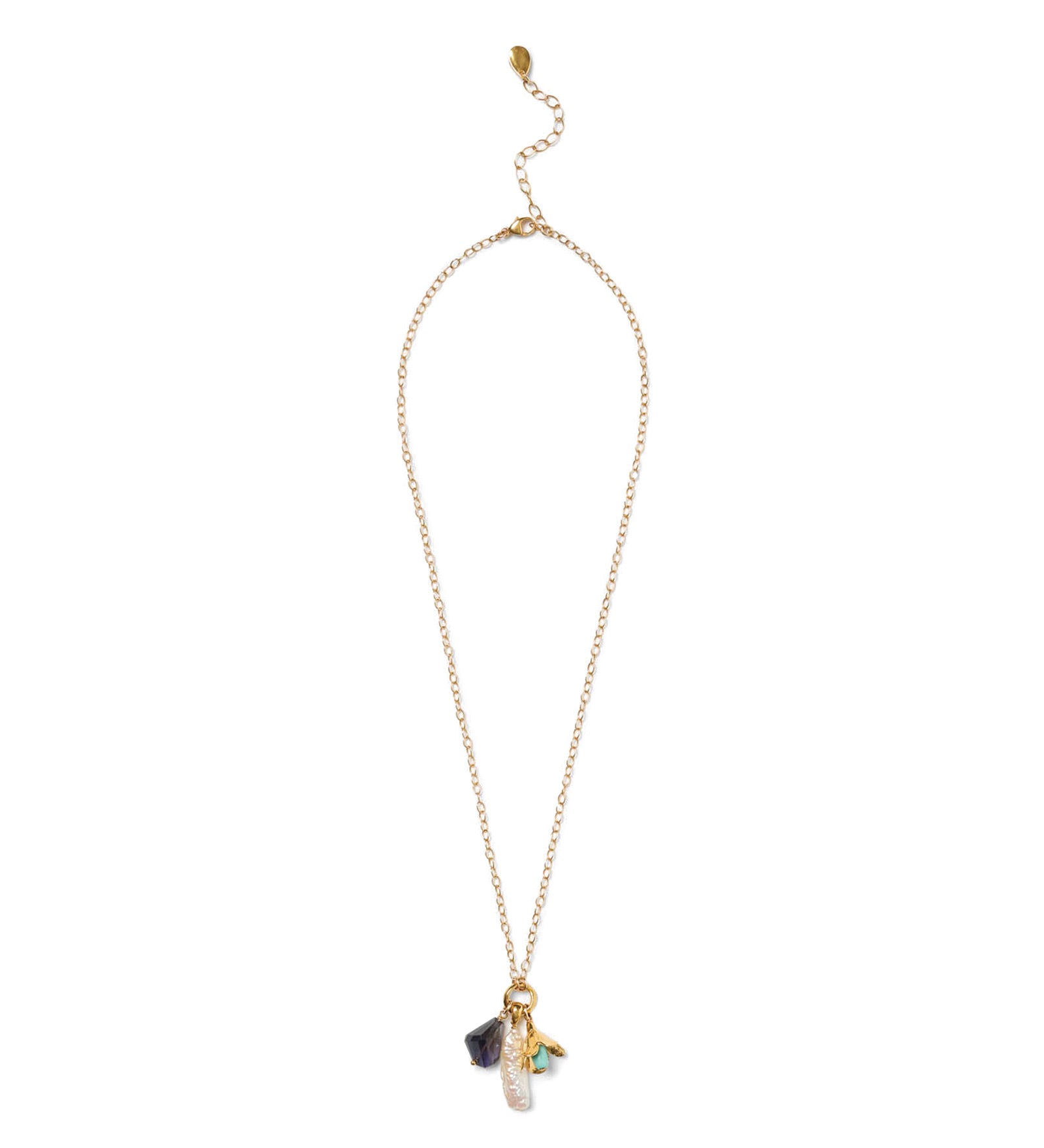 Three Charm Cluster Necklace 18k Gold Vermeil, Iolite, Turquoise, White Pearl