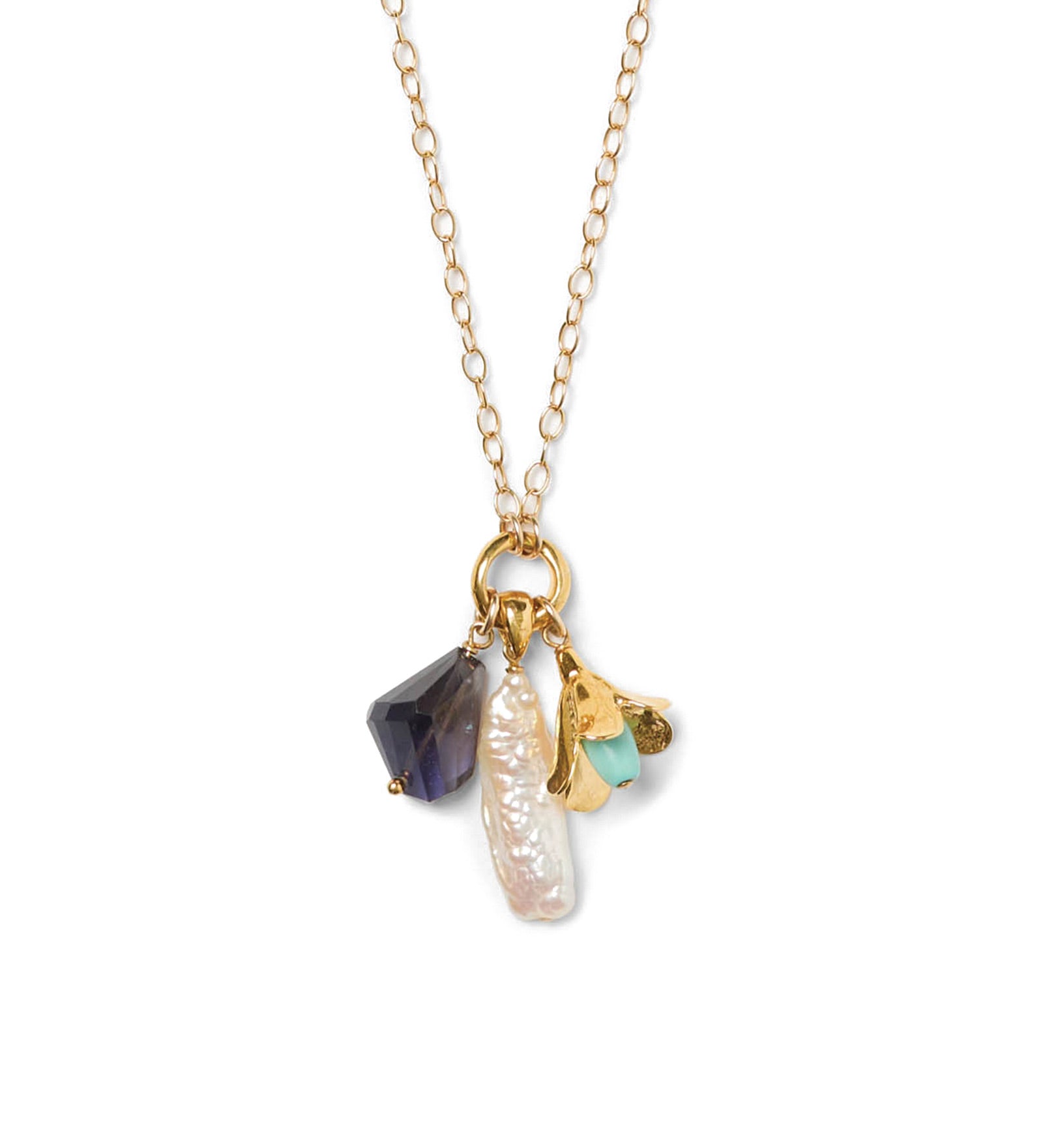 Three Charm Cluster Necklace 18k Gold Vermeil, Iolite, Turquoise, White Pearl