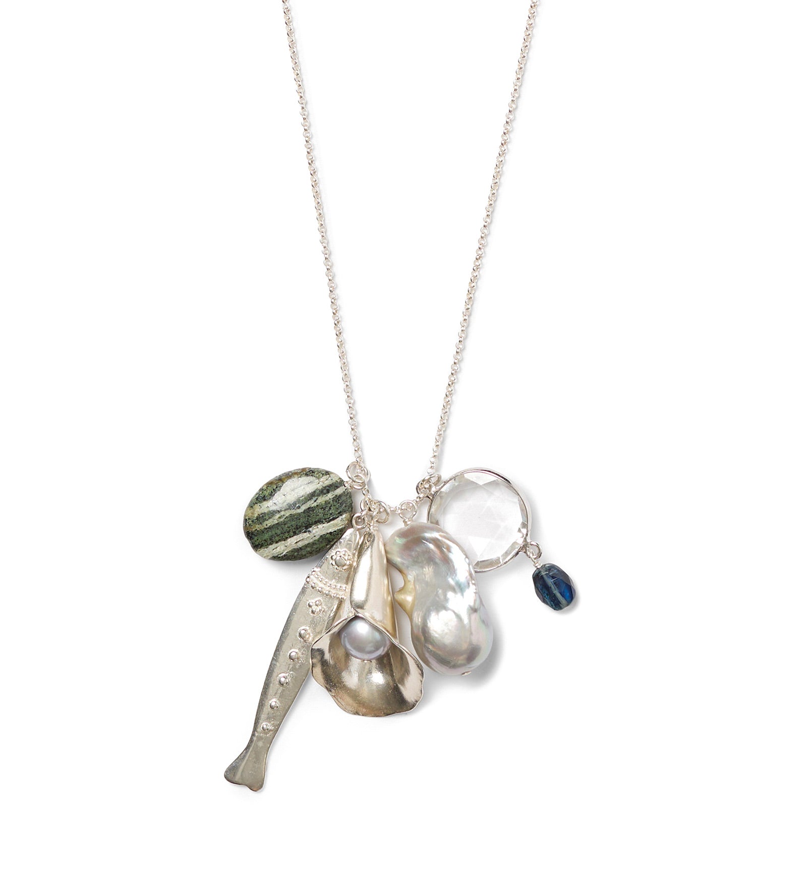 Charm Cluster 24" Necklace Sterling Silver,  Jasper, Quartz