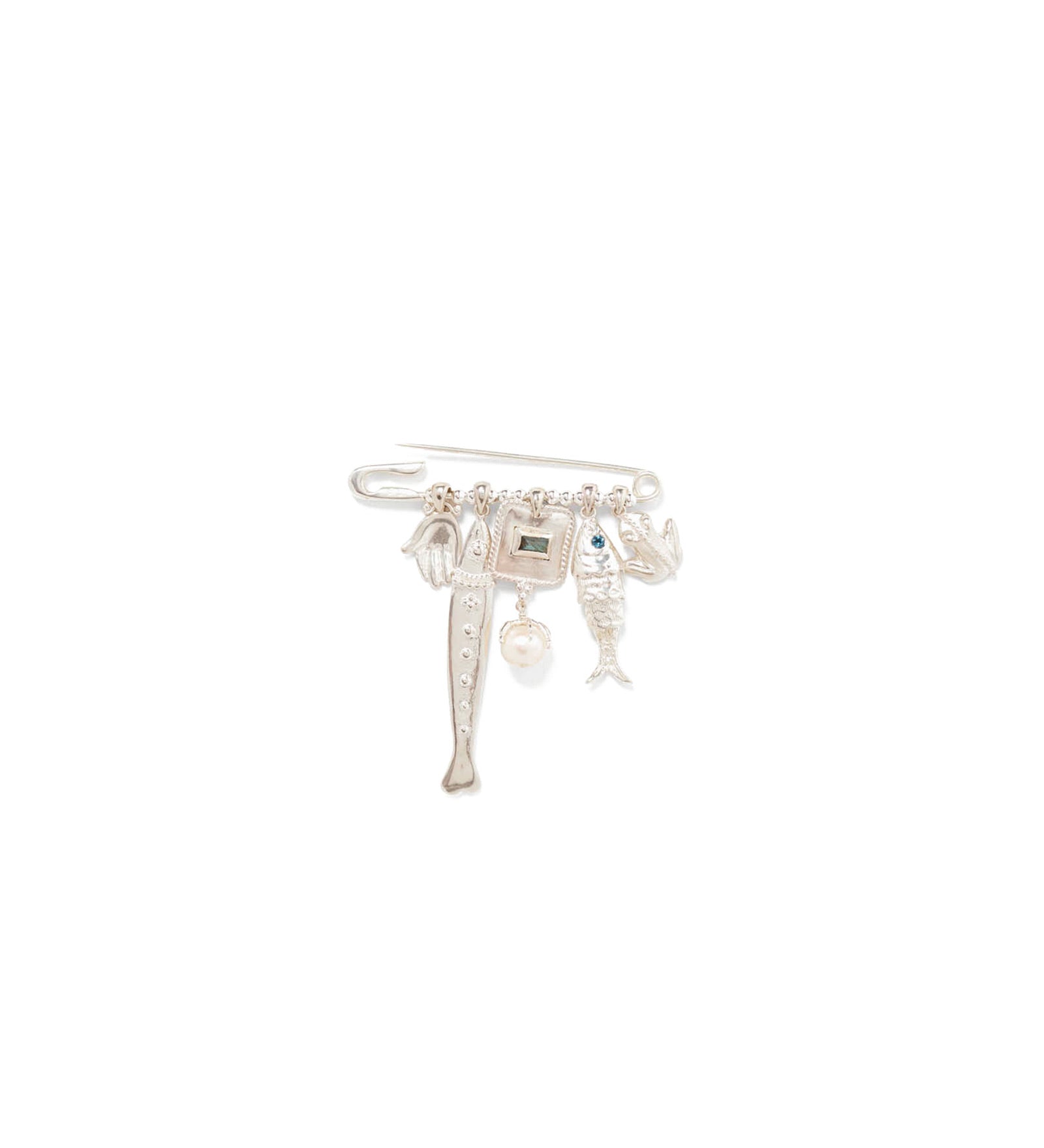 Fish Brooch Sterling Silver, Labradorite, White Pearl