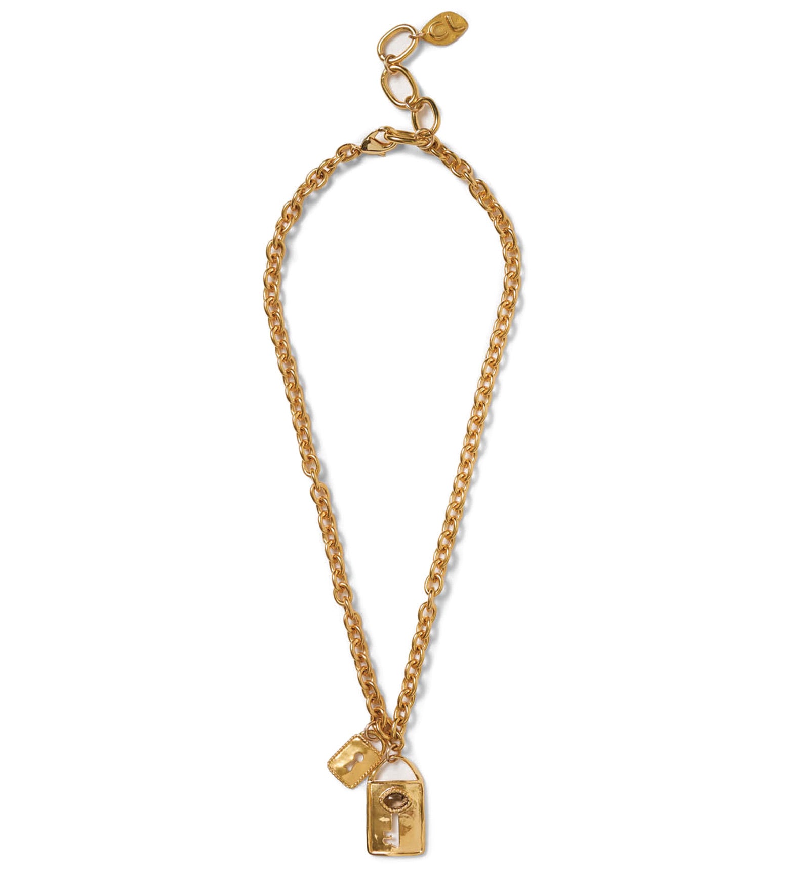 Lock + Key Necklace 18k Gold Plated, Smokey Quartz