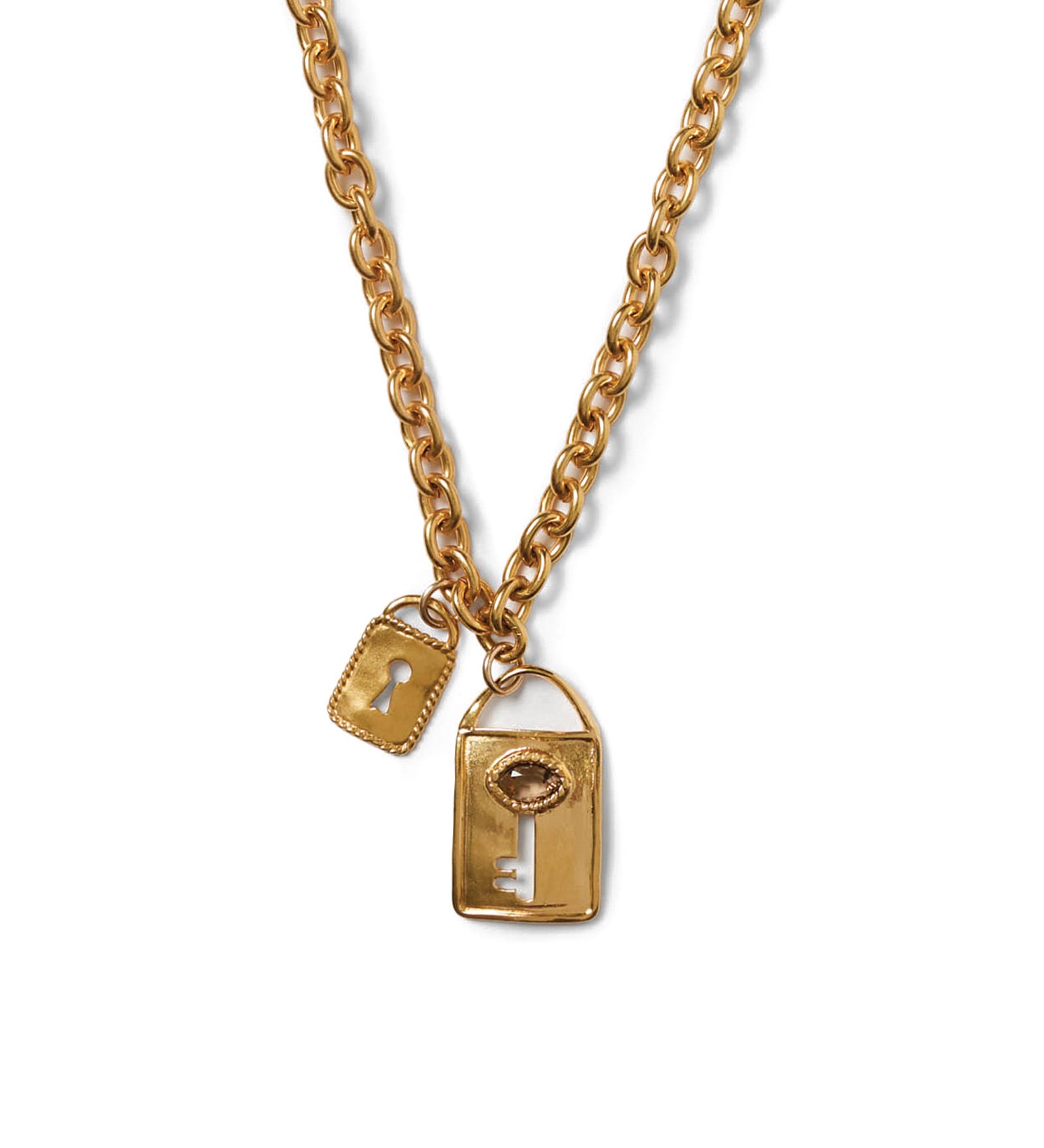 Lock + Key Necklace 18k Gold Plated, Smokey Quartz