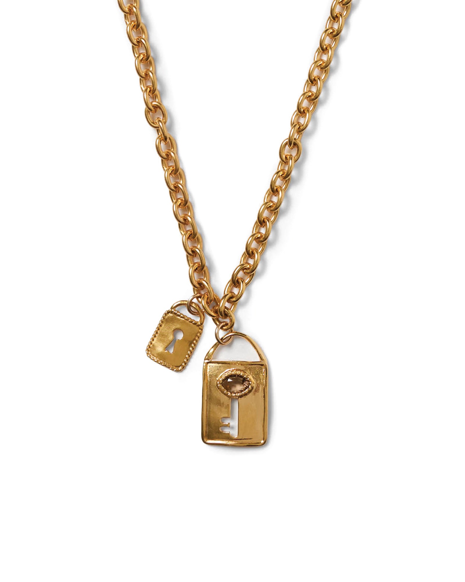 Lock + Key Necklace 18k Gold Plated, Smokey Quartz