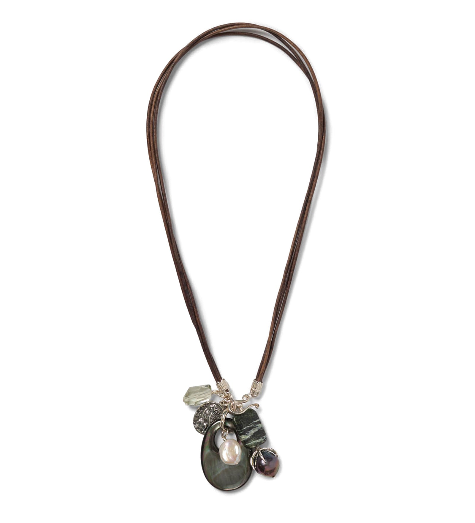 Charm Two Row Leather Necklace Sterling Silver, Green Amethyst