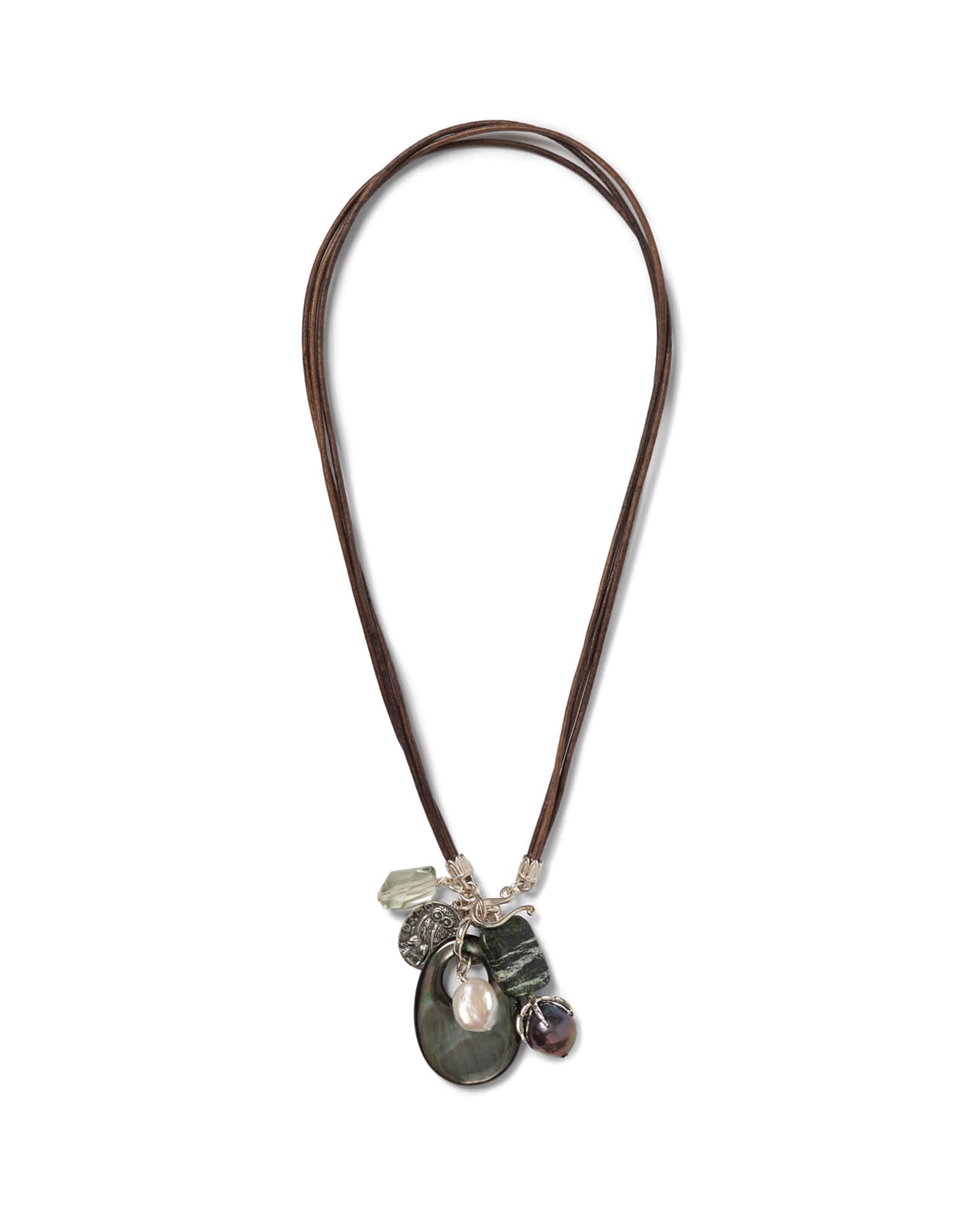 Charm Two Row Leather Necklace Sterling Silver, Green Amethyst