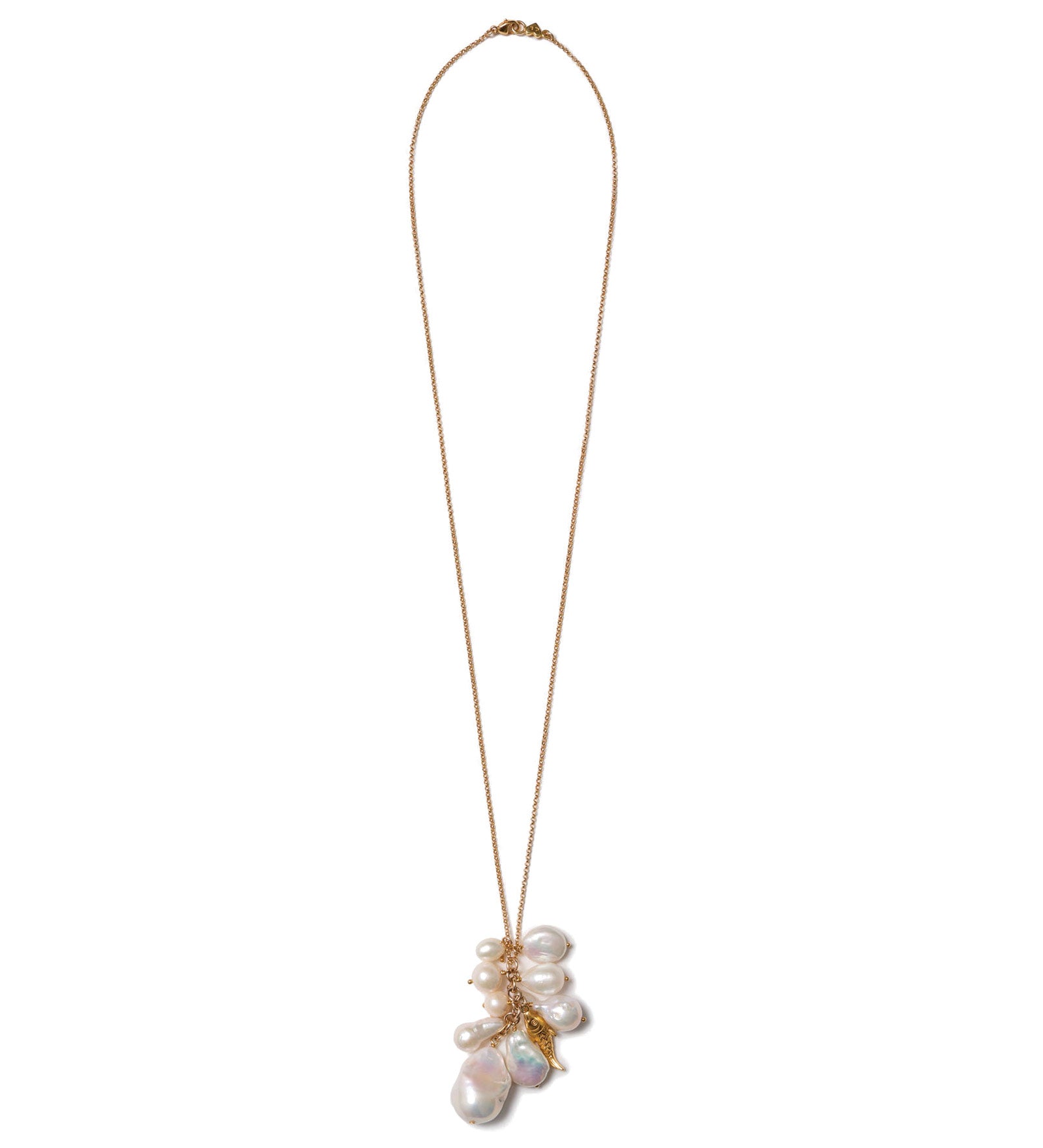 Pearl Cluster and Fish Charm Necklace 18k Gold Vermeil, Freshwater Pearl