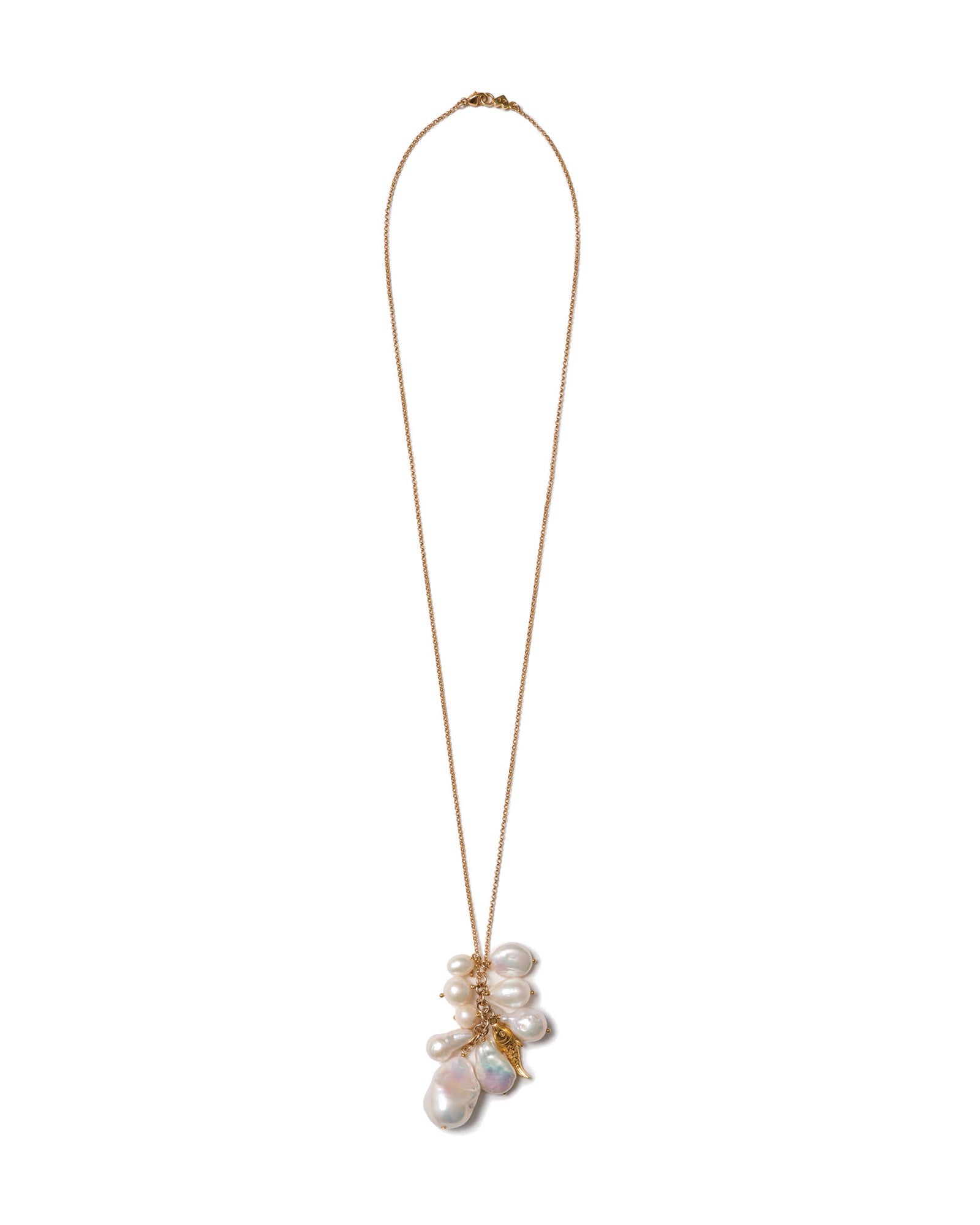 Pearl Cluster and Fish Charm Necklace 18k Gold Vermeil, Freshwater Pearl