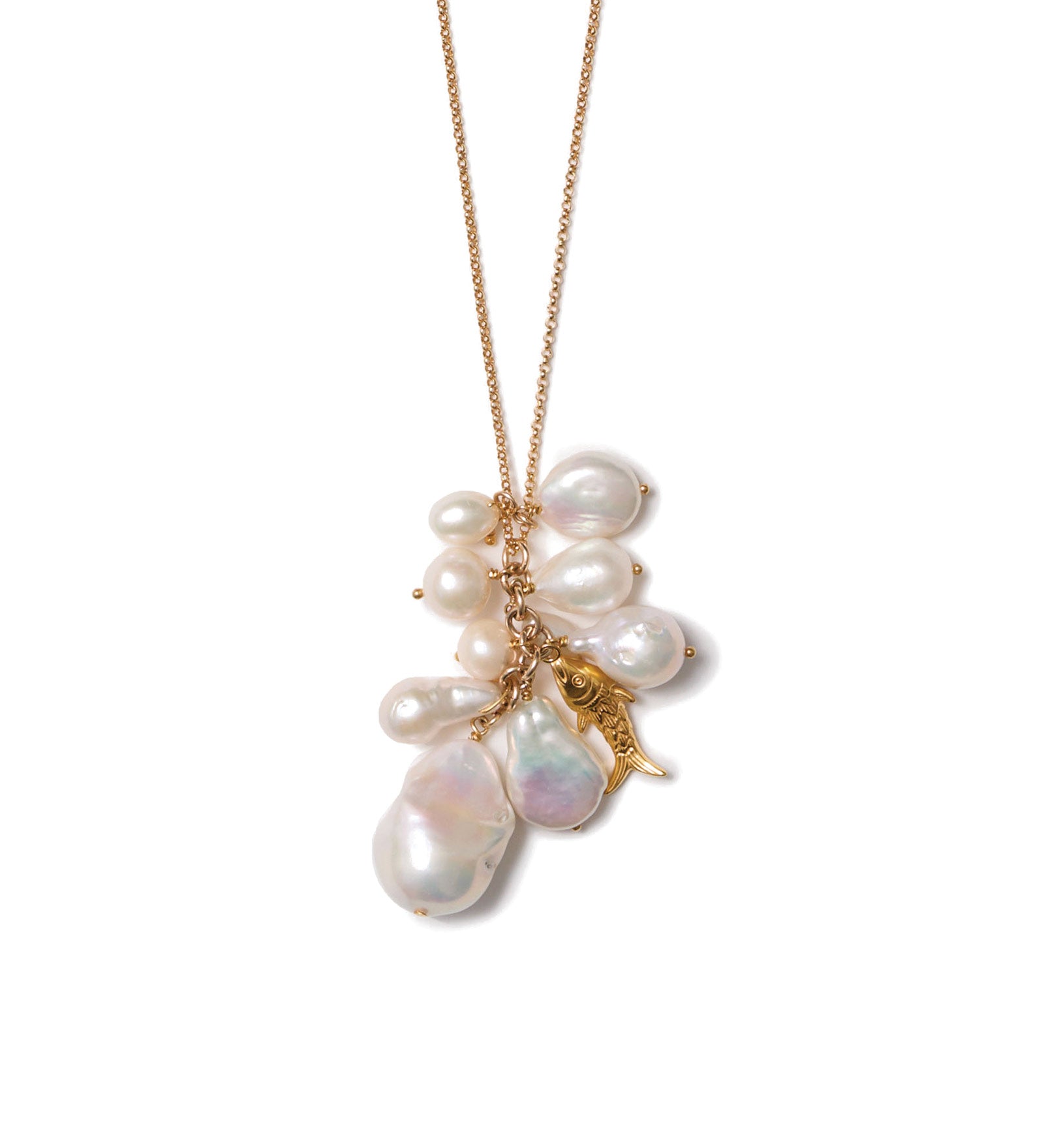 Pearl Cluster and Fish Charm Necklace 18k Gold Vermeil, Freshwater Pearl