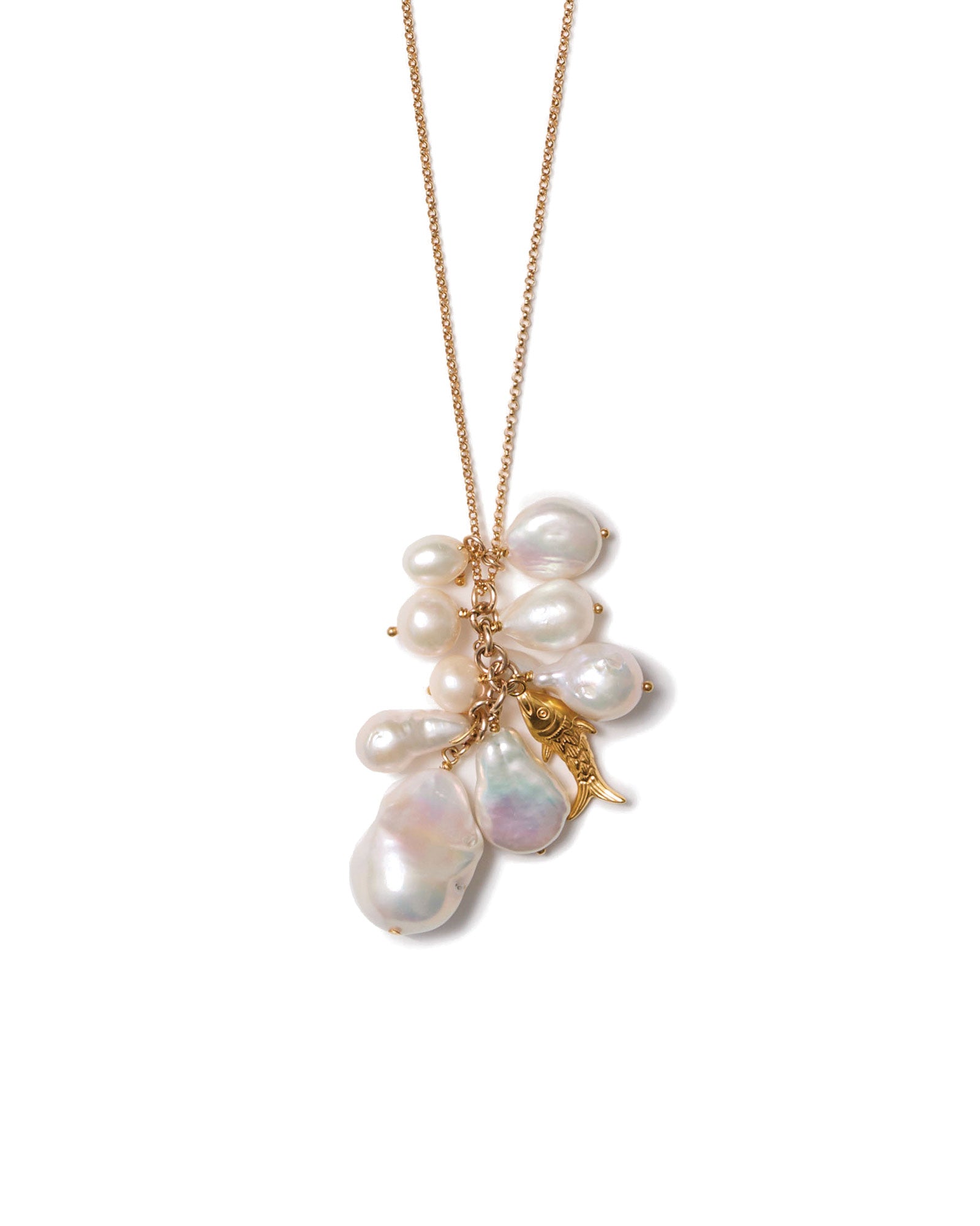 Pearl Cluster and Fish Charm Necklace 18k Gold Vermeil, Freshwater Pearl
