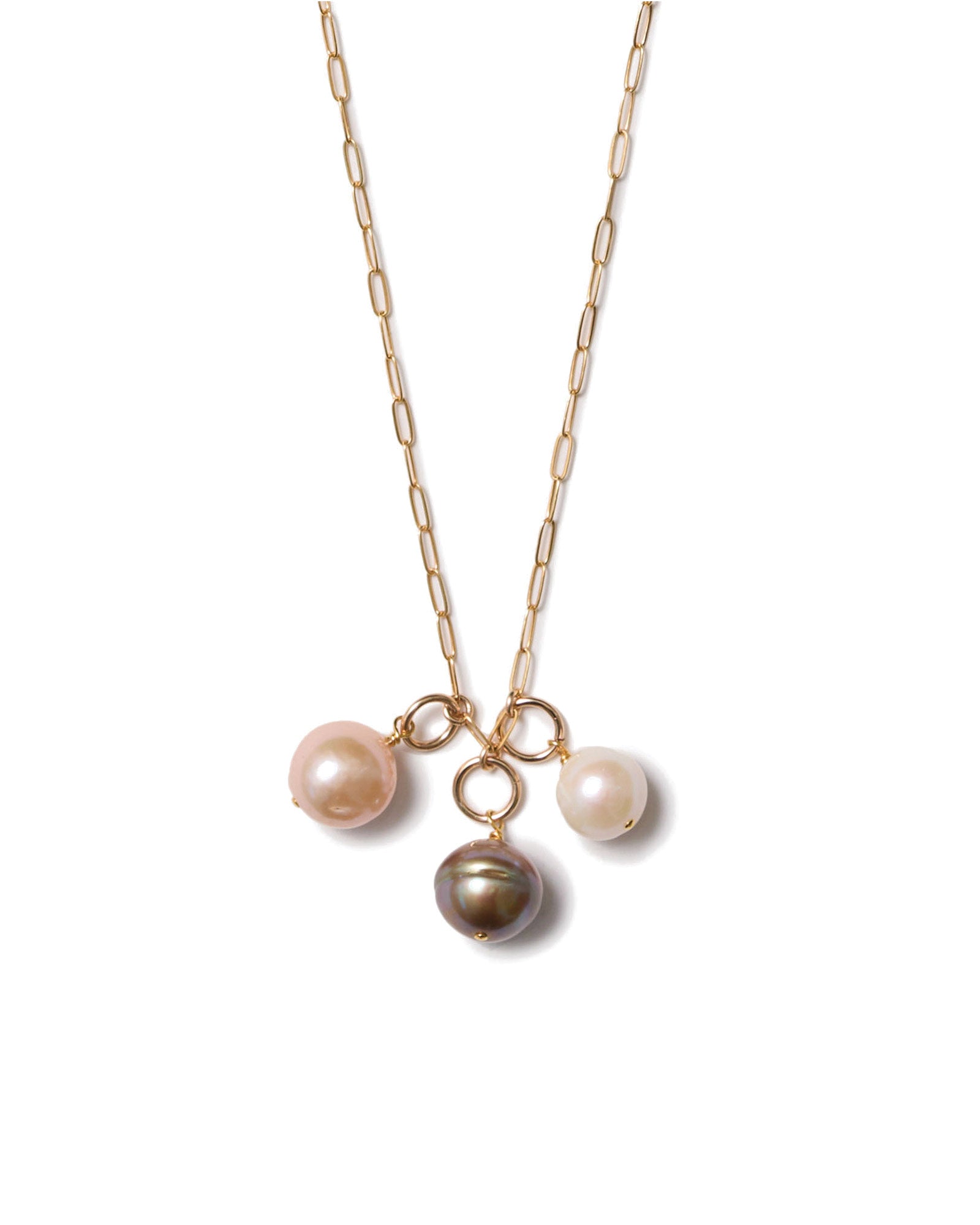 Three Pearl Charm Necklace 18k Gold Vermeil, Assorted Pearls